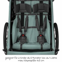 Kinderfahrradanhänger & Buggy Qupa 2 Plus für 2 Kinder (bis 60 kg) mit Kupplung, Blattfeder-Dämpfsystem, 3in1 Verdeck - Mineral Blue