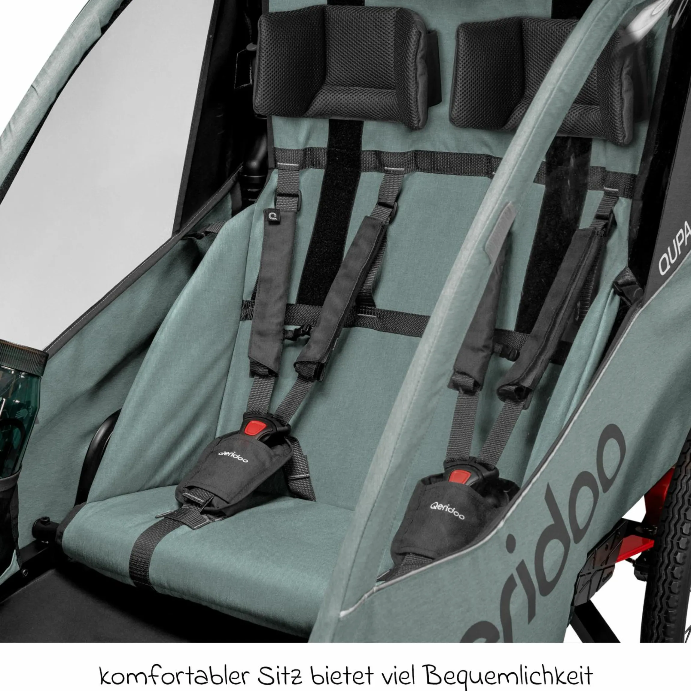 Kinderfahrradanhänger & Buggy Qupa 2 Plus für 2 Kinder (bis 60 kg) mit Kupplung, Blattfeder-Dämpfsystem, 3in1 Verdeck - Mineral Blue