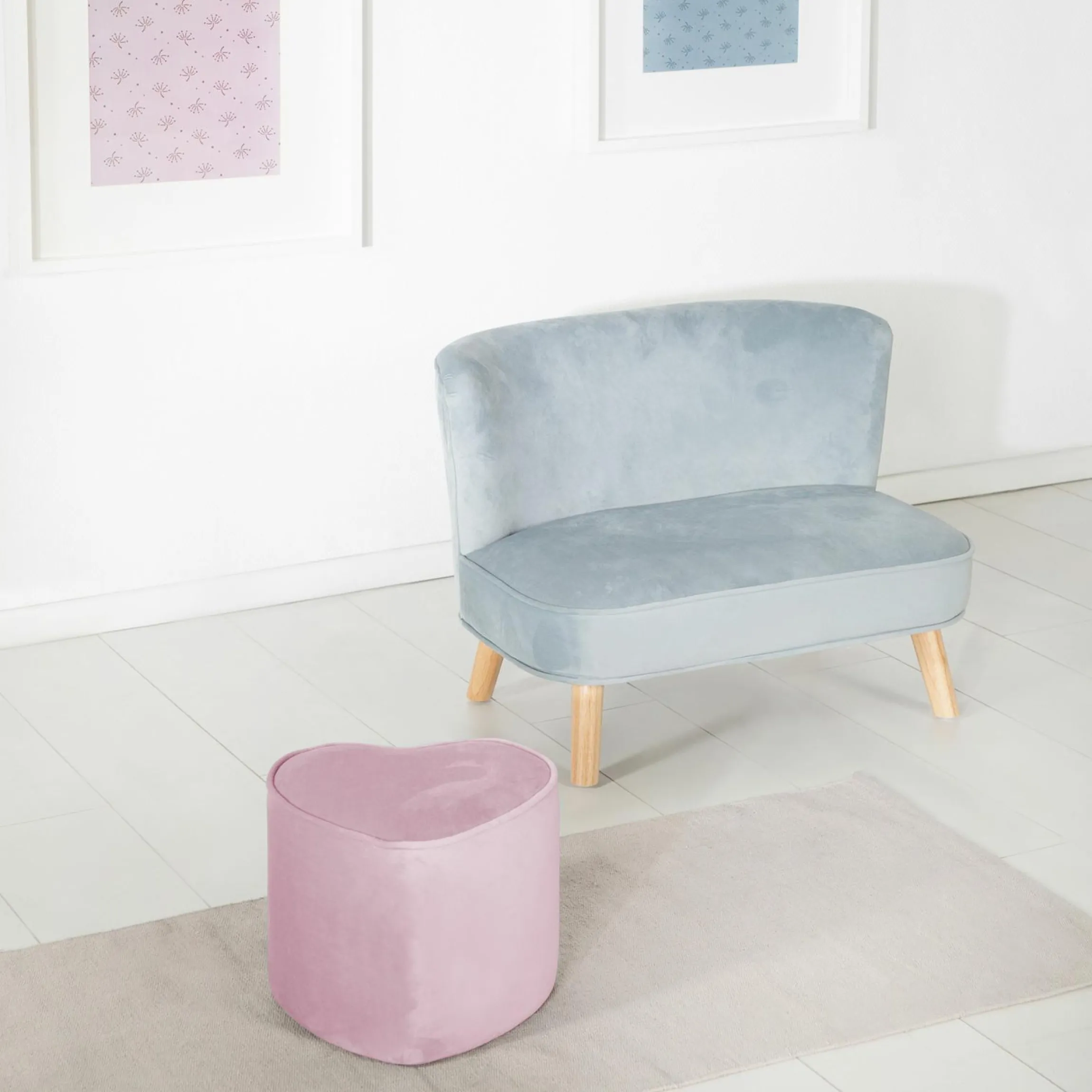 Kinderhocker in Herzform gepolster, mit Samtstoff bezogen - Lil Sofa - Rosa Mauve