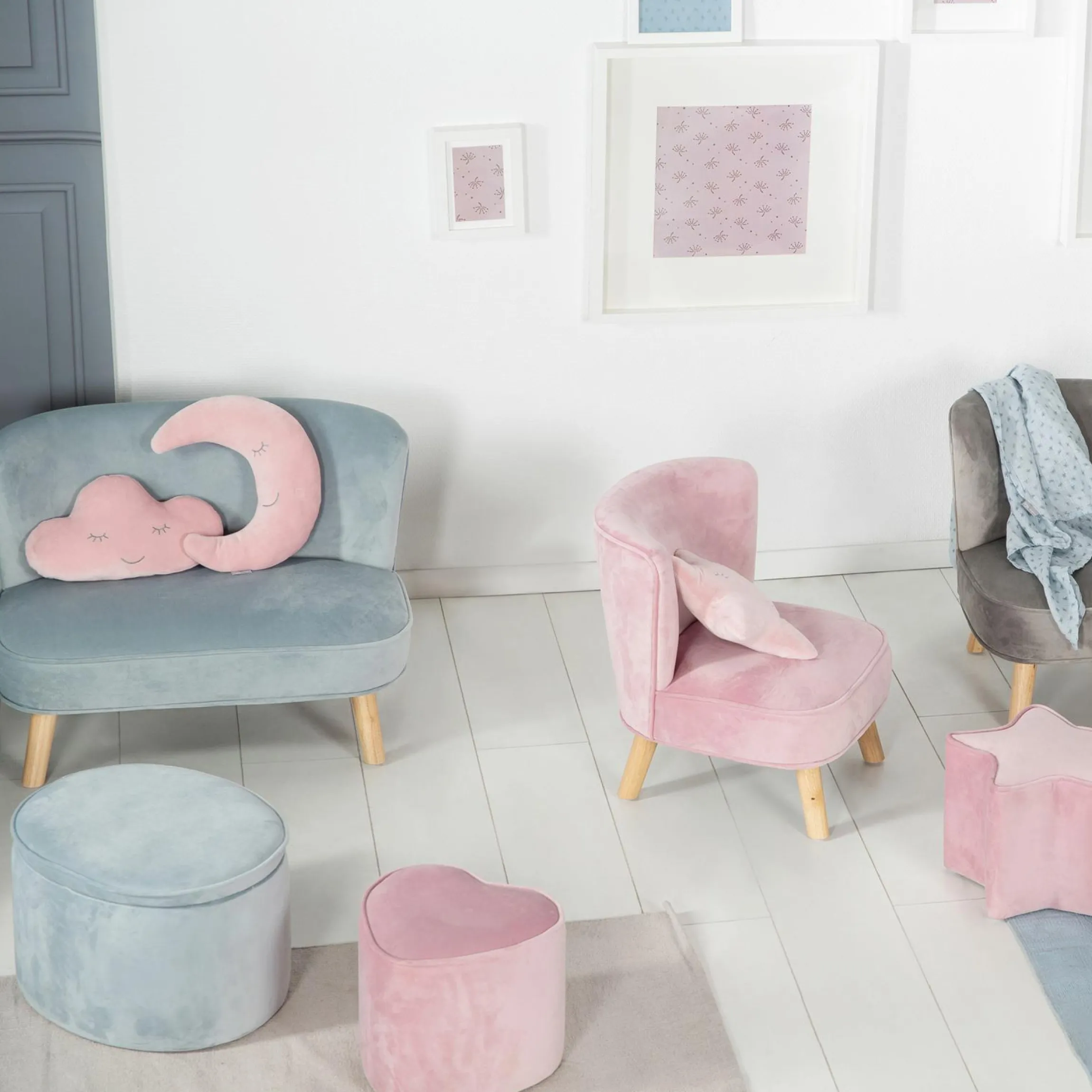 Kinderhocker in Herzform gepolster, mit Samtstoff bezogen - Lil Sofa - Rosa Mauve