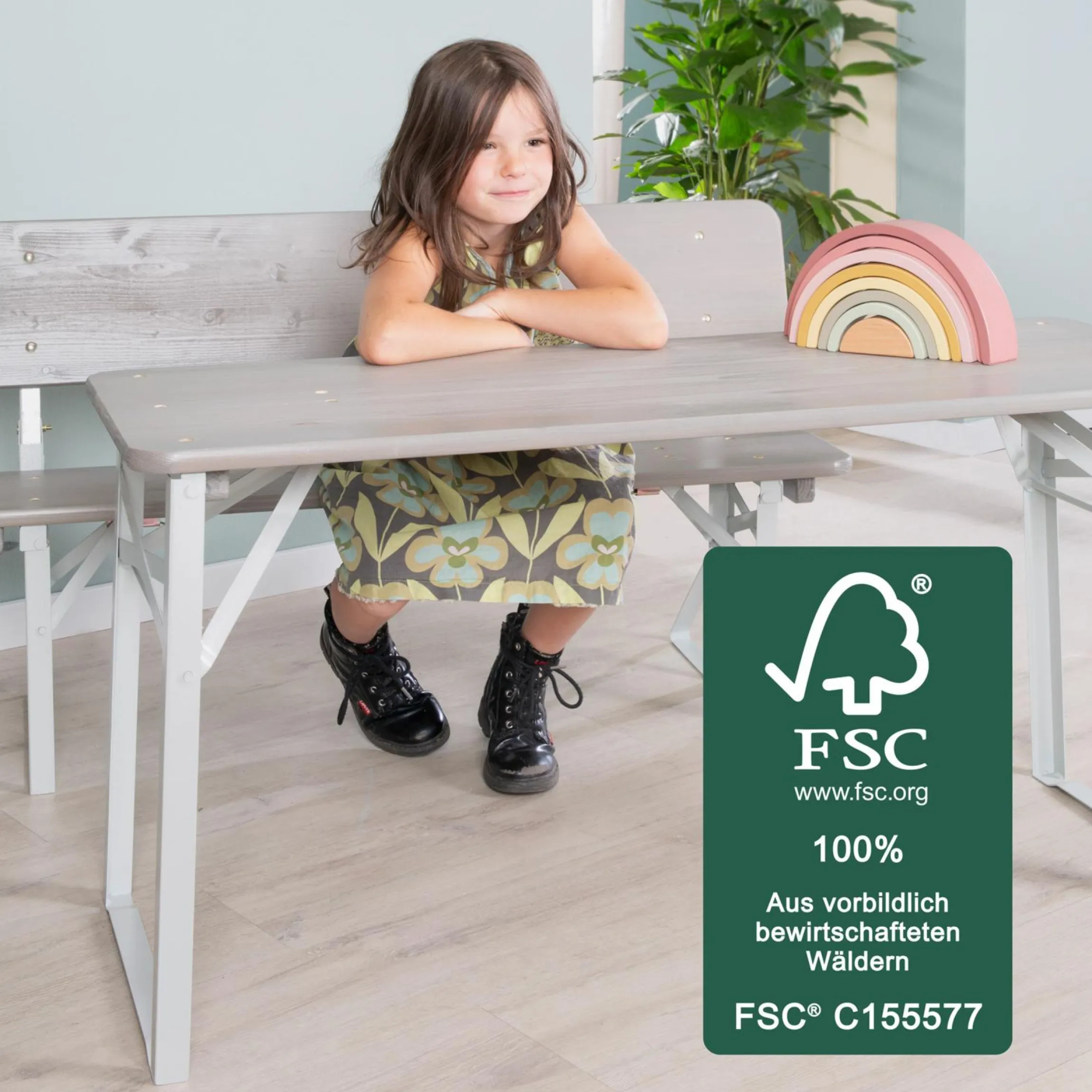 Kinderparty-Sitzgarnitur Outdoor mit 2 Bänke mit Lehne & 1 Tisch - Grau