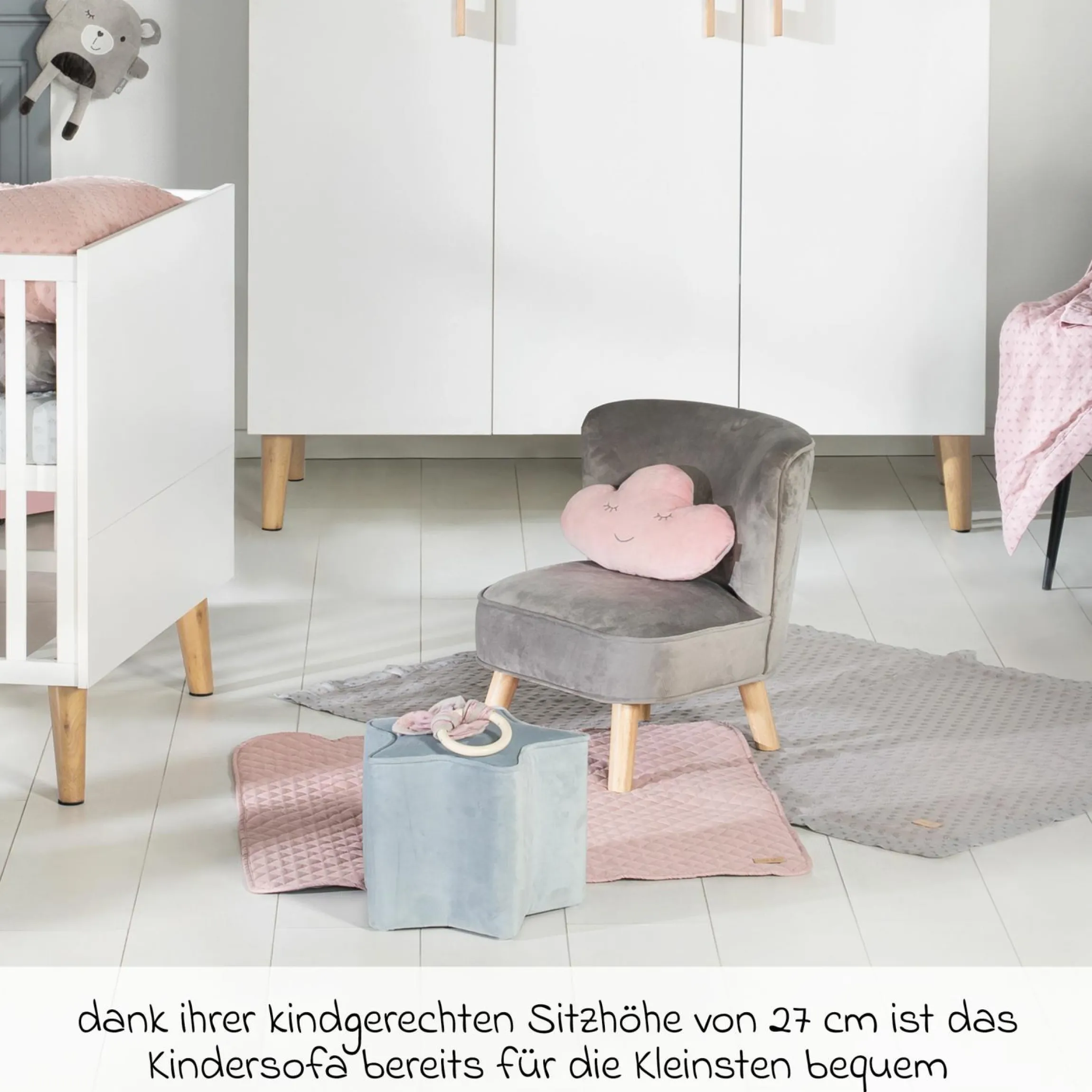 Kindersessel gepolster, mit Samtstoff bezogen - Lil Sofa - Silbergrau