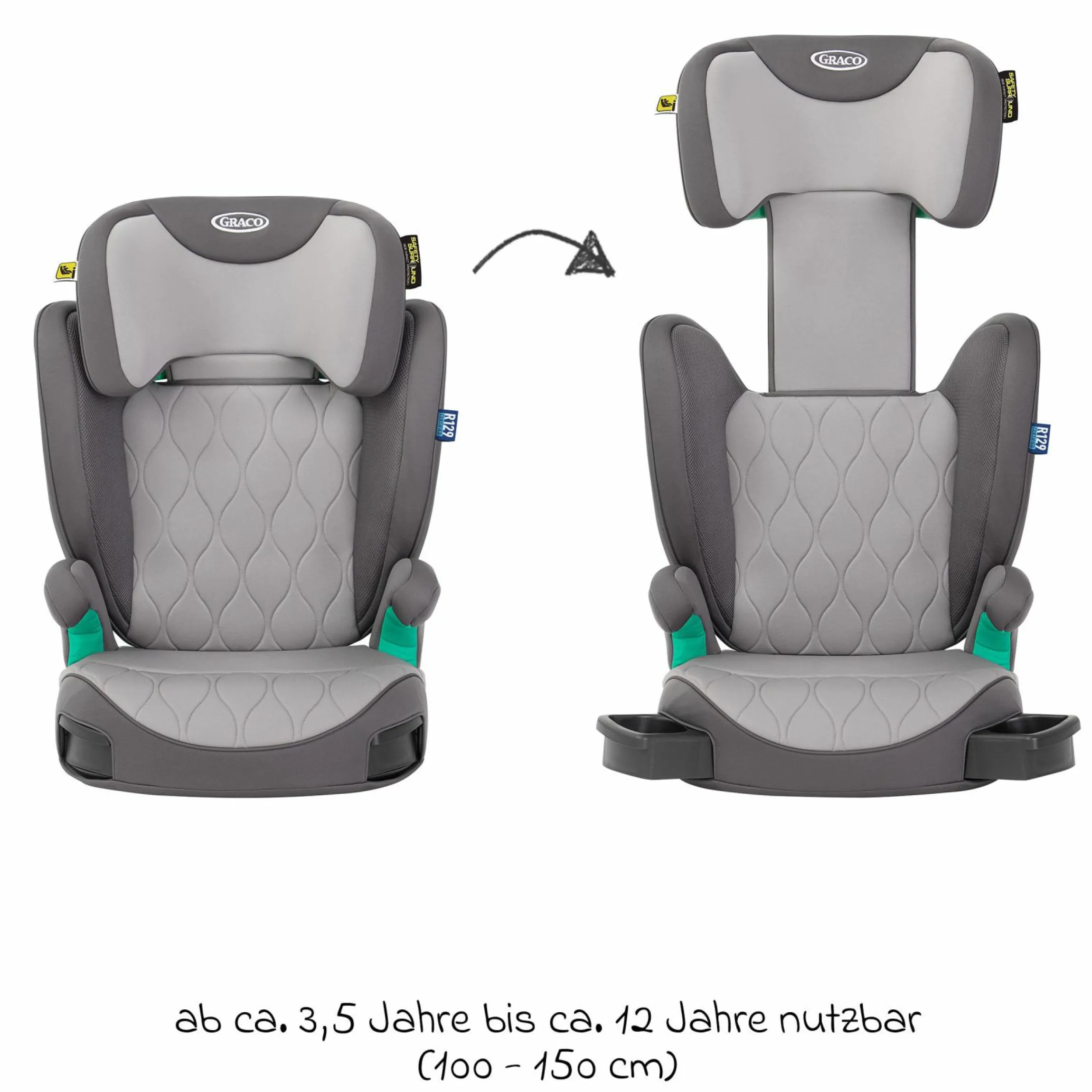 Kindersitz Affix i-Size R129 ab 3,5 Jahre - 12 Jahre (100 cm - 150 cm) nur 4,2 kg schwer mit Isofix & Getränkehalter - Iron - Kollektion 2025