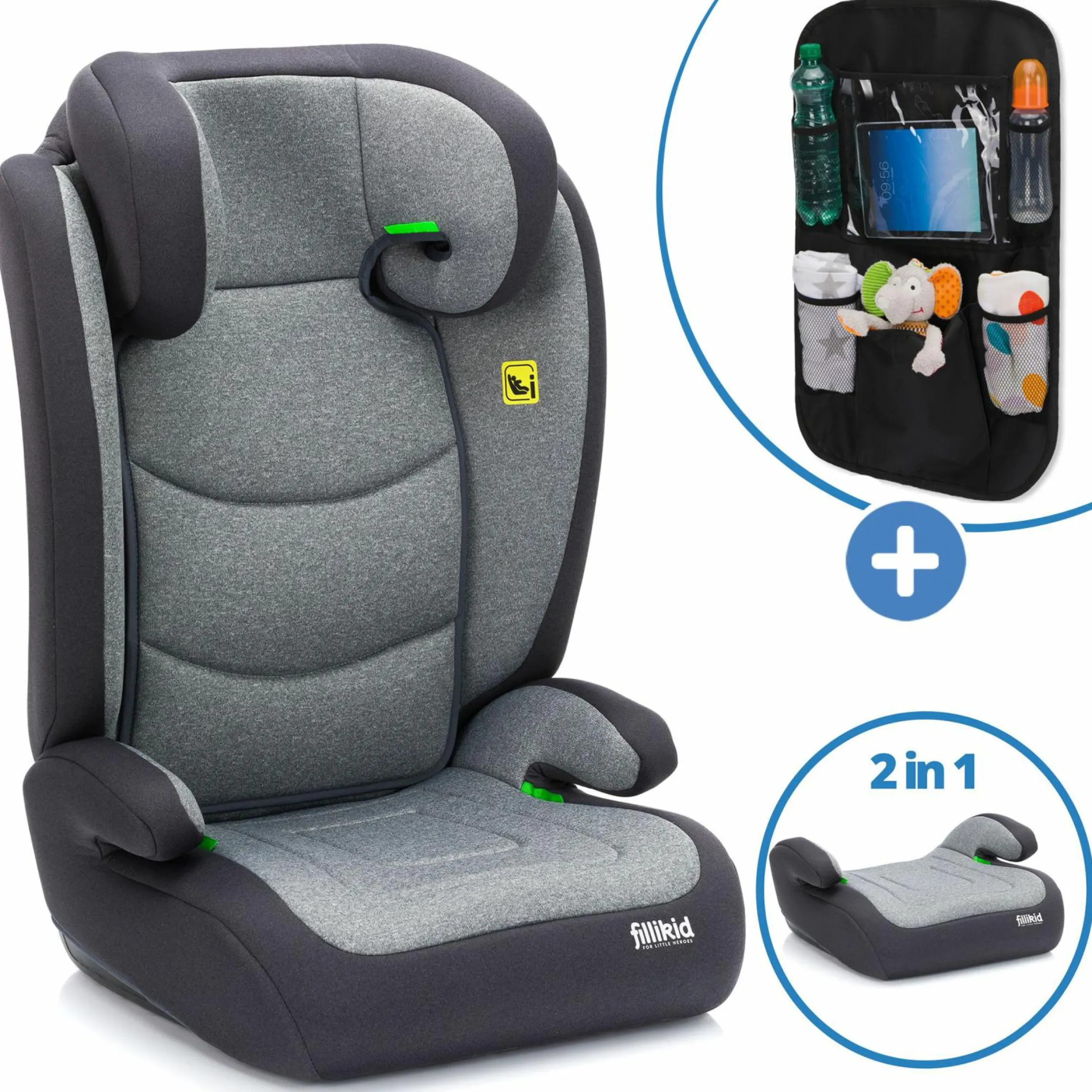 Kindersitz Lea i-Size R129 ab 3 Jahre - 12 Jahre (100 cm - 150 cm) ohne Isofix mit Gurtbefestigung nur 4 kg inkl. Auto-Sitztasche - Grau