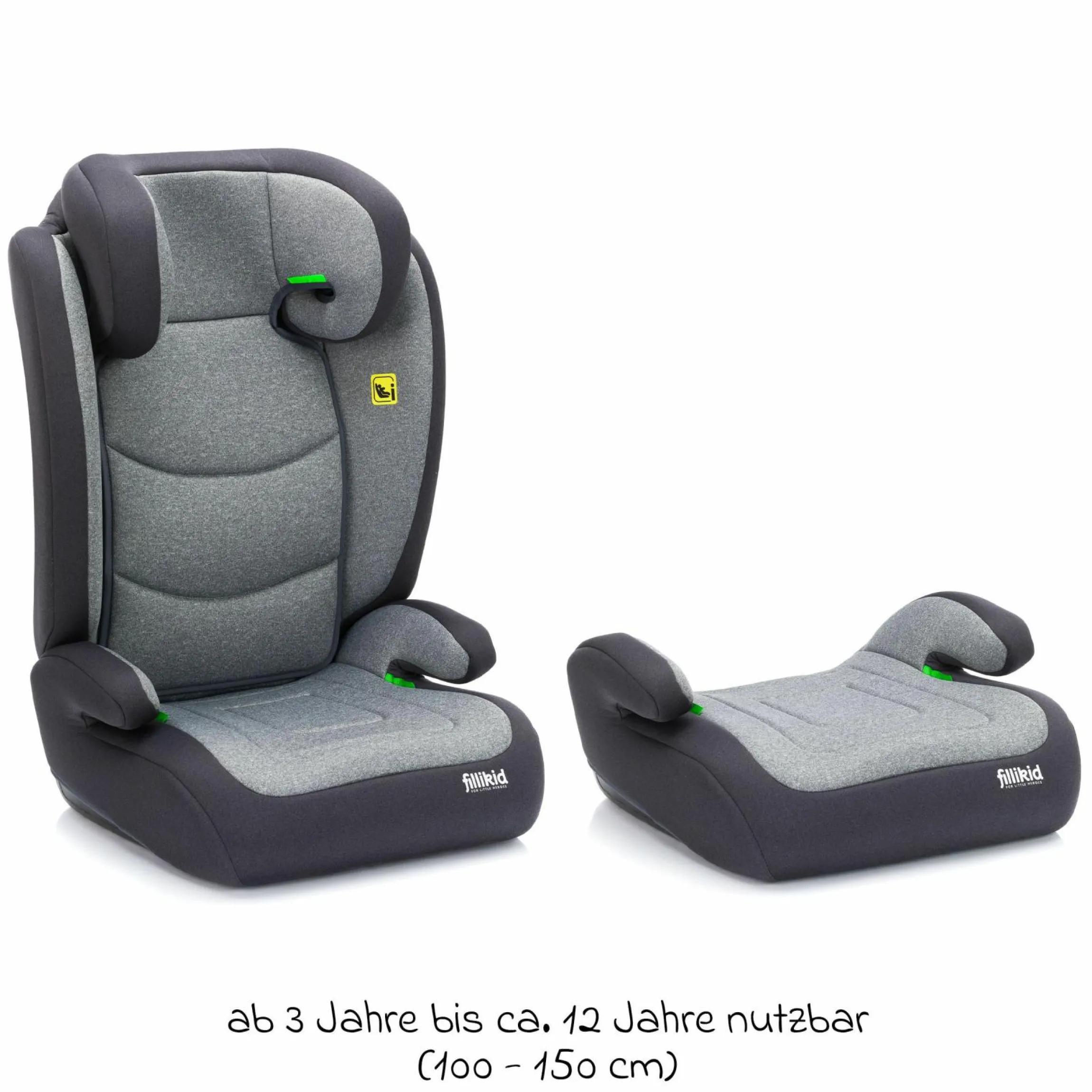 Kindersitz Lea i-Size R129 ab 3 Jahre - 12 Jahre (100 cm - 150 cm) ohne Isofix mit Gurtbefestigung nur 4 kg inkl. Auto-Sitztasche - Grau