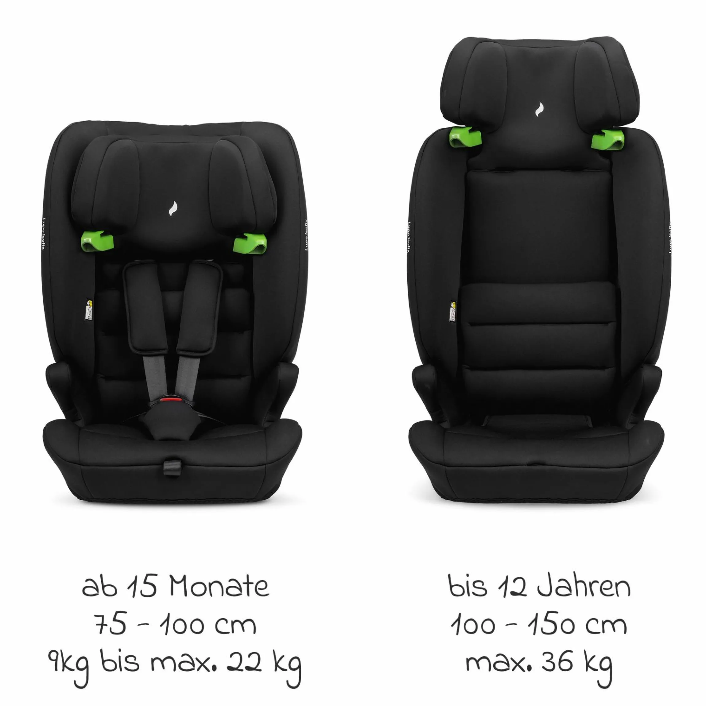 Kindersitz Lupo Isofix i-Size ab 15 Monate - 12 Jahre (76 cm - 150) mit Isofix & Top-Tether - Black - Kollektion 2025