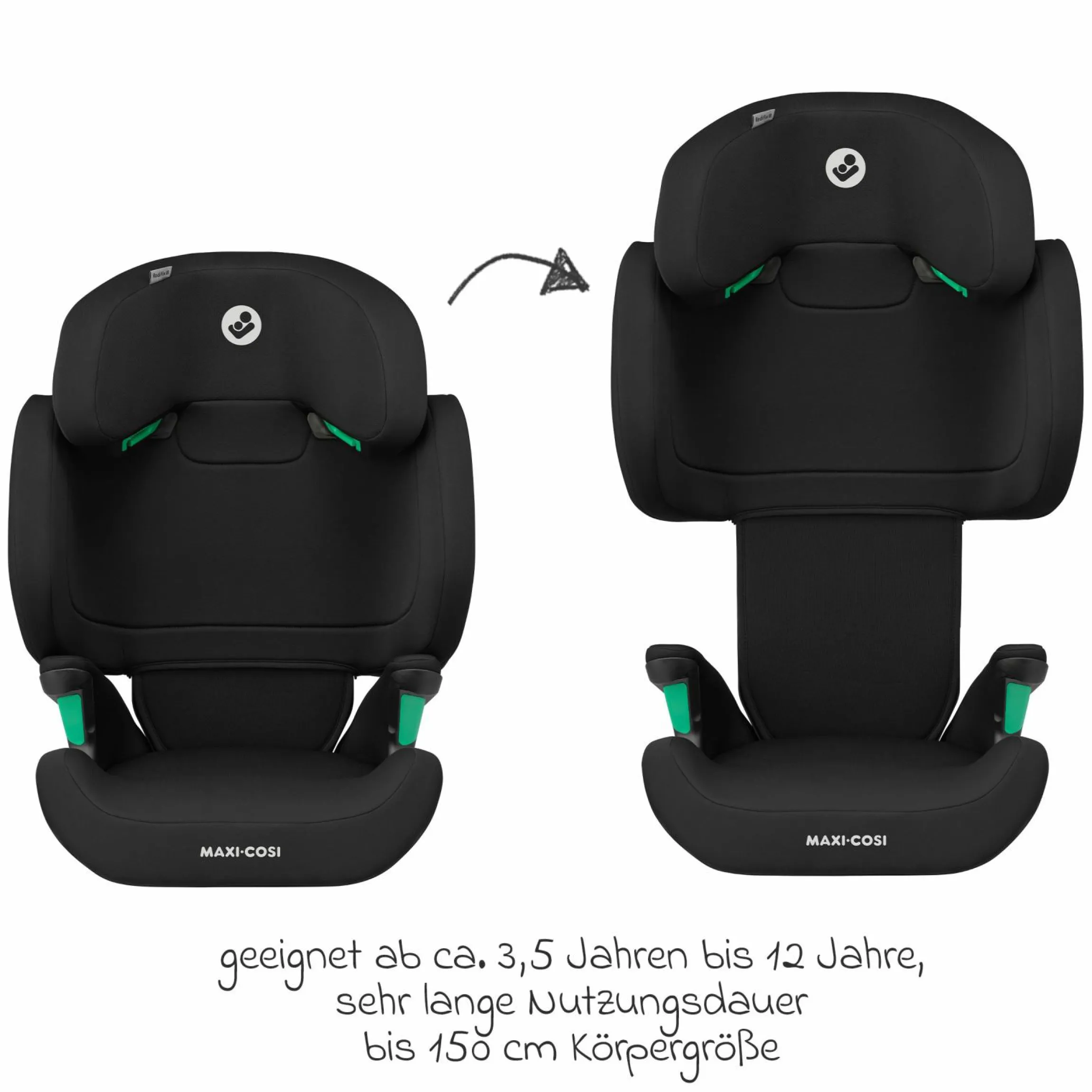 Kindersitz RodiFix M i-Size ab 3,5 Jahre - 12 Jahre (100 cm -150 cm (15-36 kg) mit G-Cell Seitenaufprallschutz & Isofix - Basic Black - Kollektion 2025