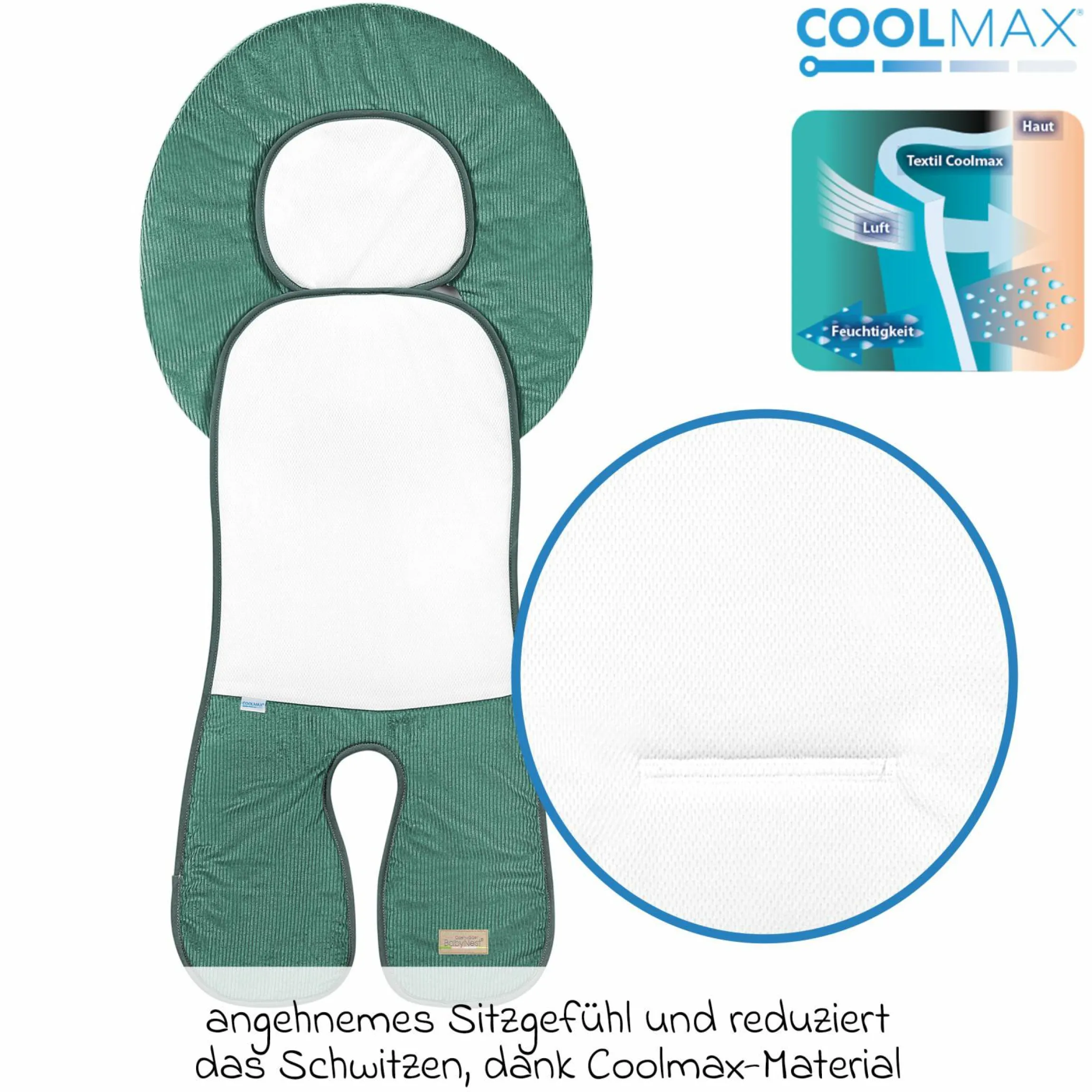 Kindersitz-Auflage Babycool für ein angenehmes Sitzgefühl - Cool Cord - Eucalyptus - Kollektion 2024