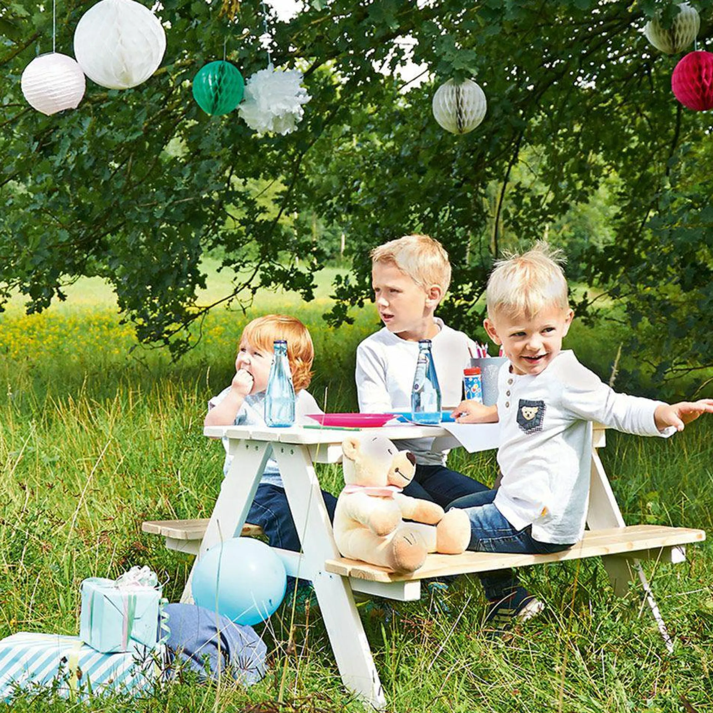 Kinder-Sitzgarnitur Nicki für 4 Kinder - Fichte massiv - Weiß