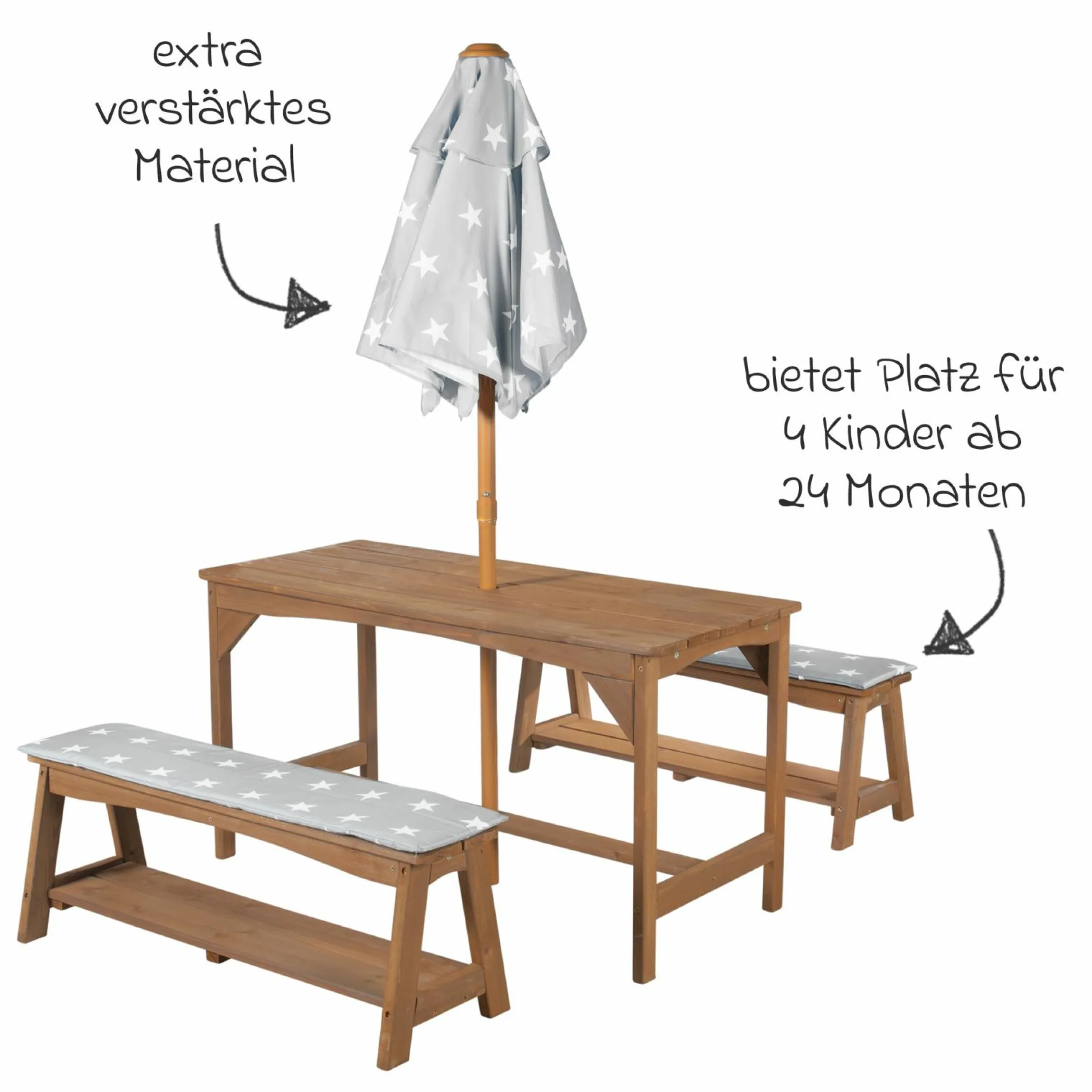 Kindersitzgruppe mit Sitzauflagen und Sonnenschirm - Little Stars - Teakholzfarben