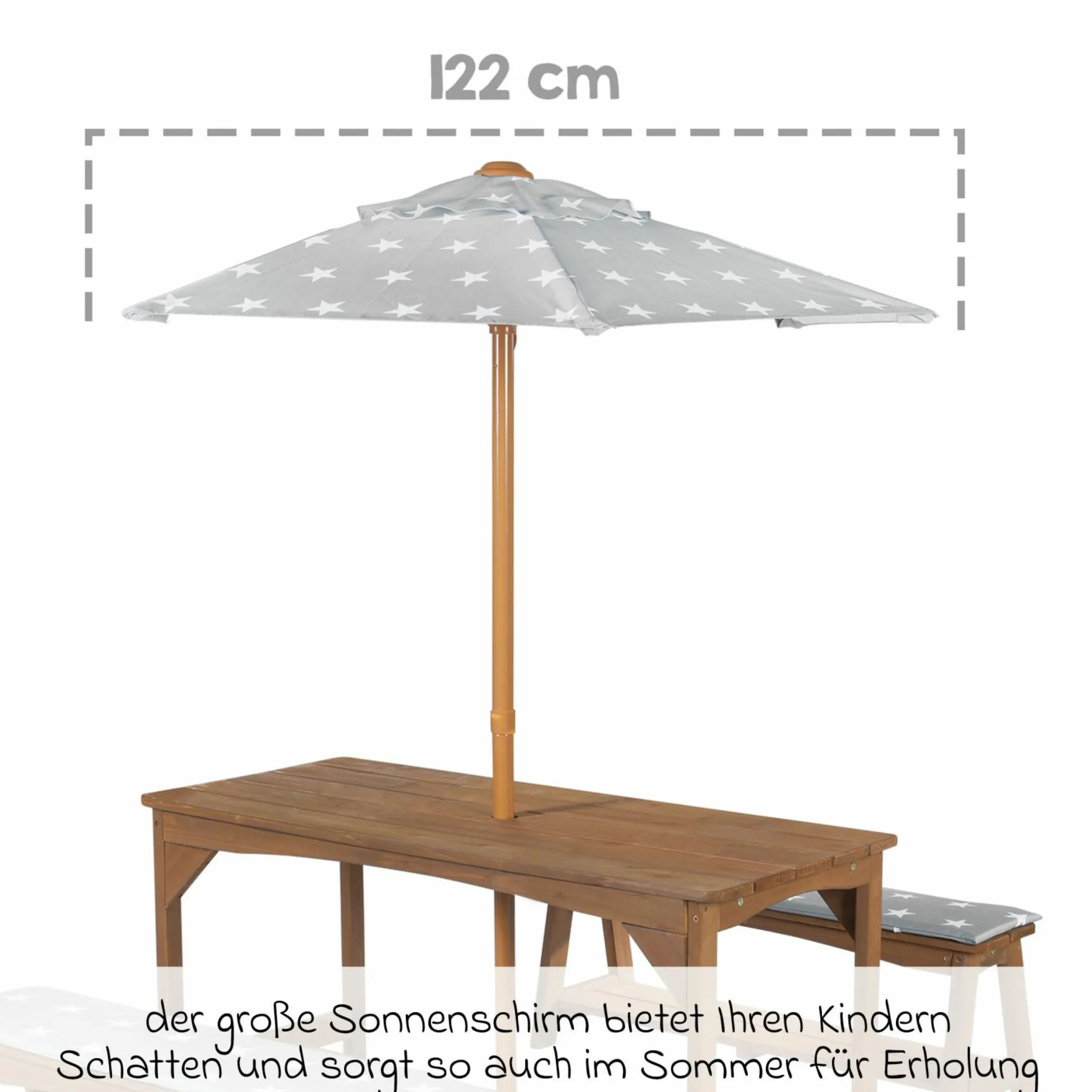 Kindersitzgruppe mit Sitzauflagen und Sonnenschirm - Little Stars - Teakholzfarben