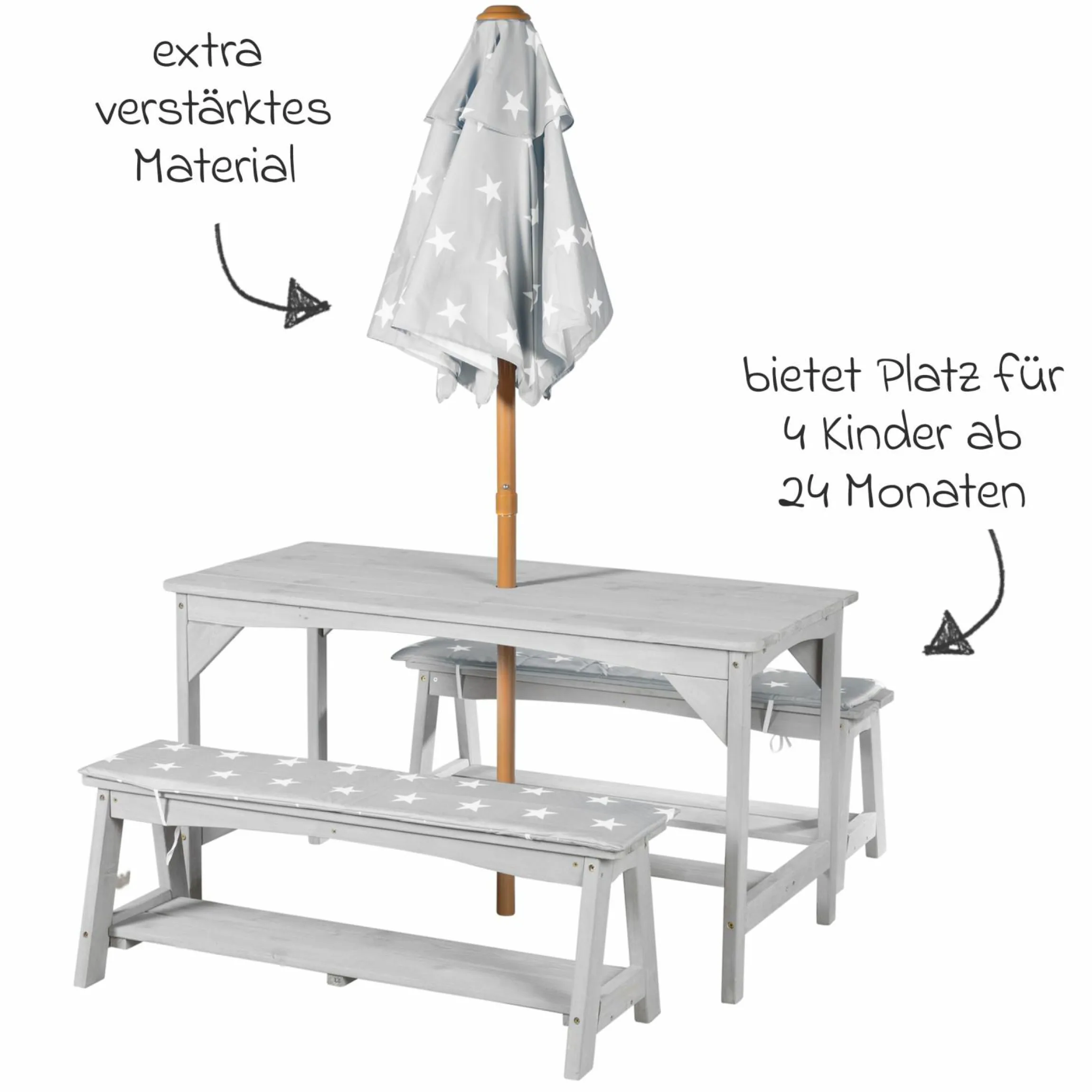 Kindersitzgruppe mit Sitzauflagen und Sonnenschirm - Little Stars - Grau