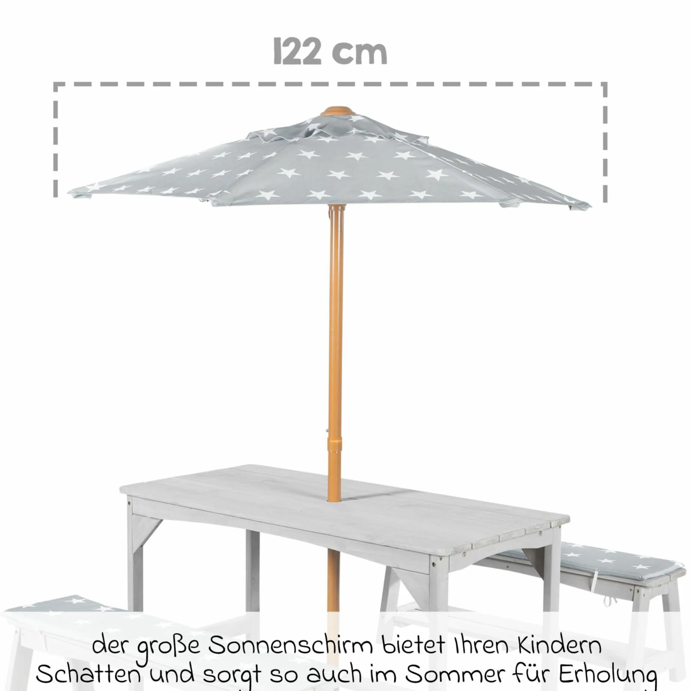 Kindersitzgruppe mit Sitzauflagen und Sonnenschirm - Little Stars - Grau