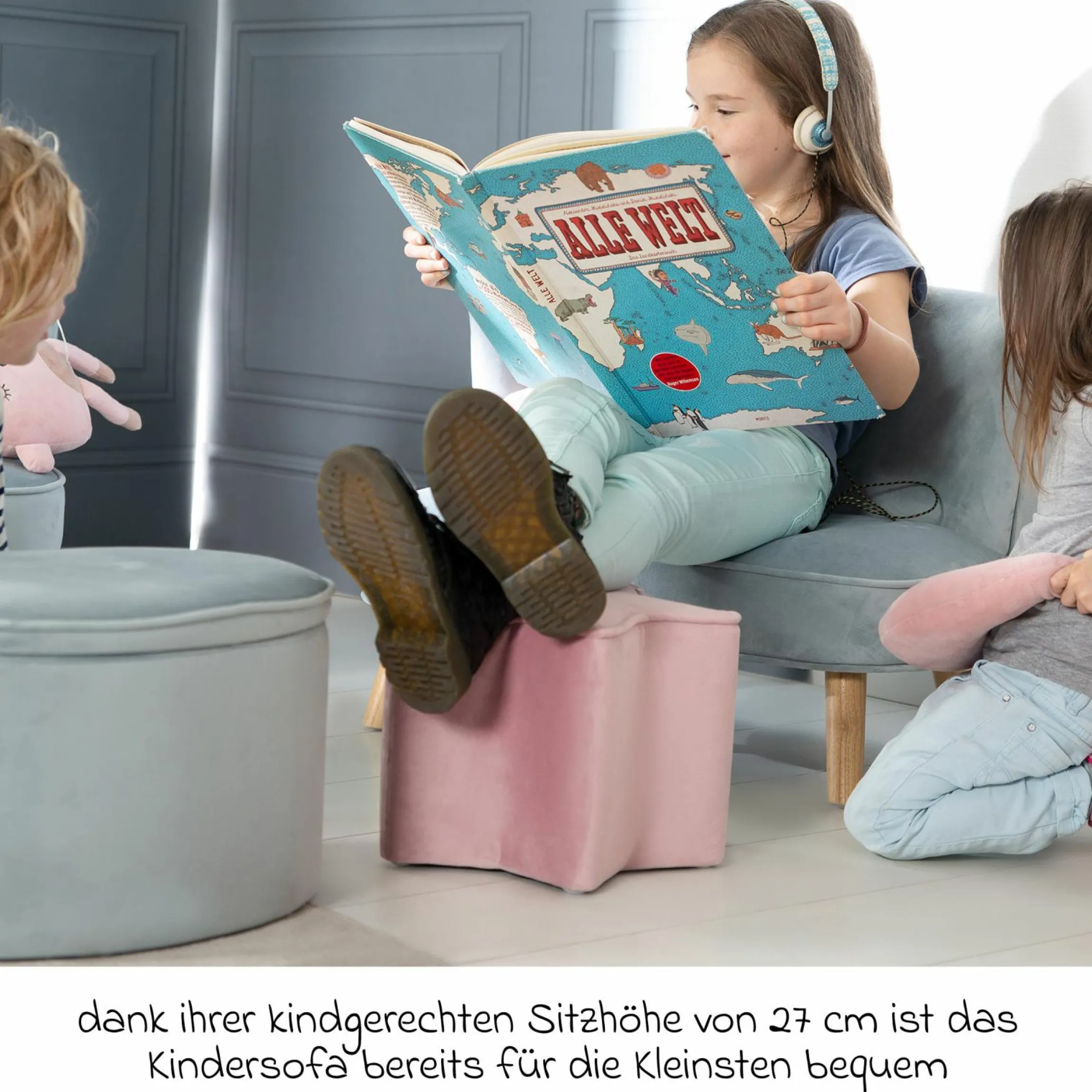 Kindersofa gepolster, mit Samtstoff bezogen - Lil Sofa - Hellblau Sky