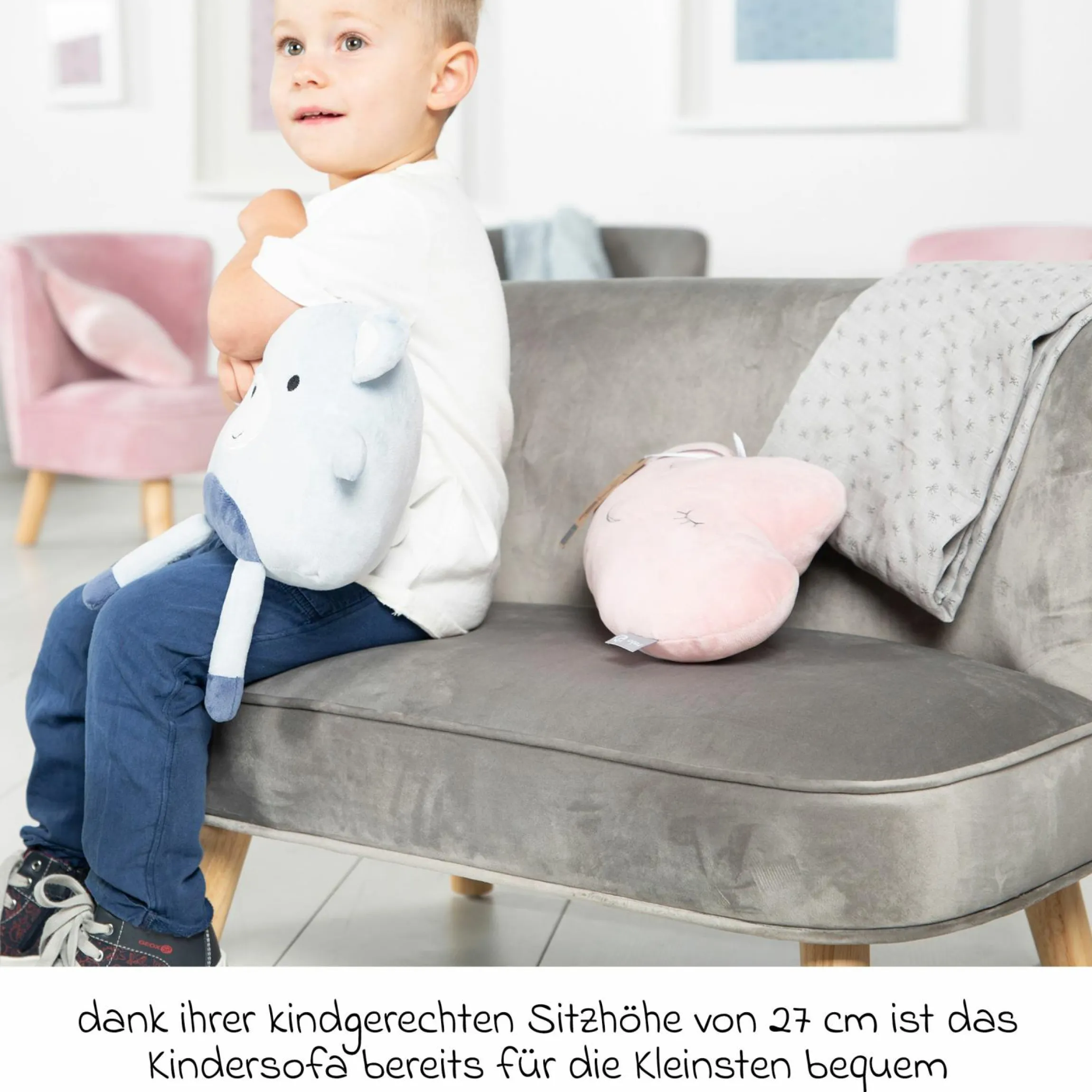Kindersofa gepolster, mit Samtstoff bezogen - Lil Sofa - Silbergrau