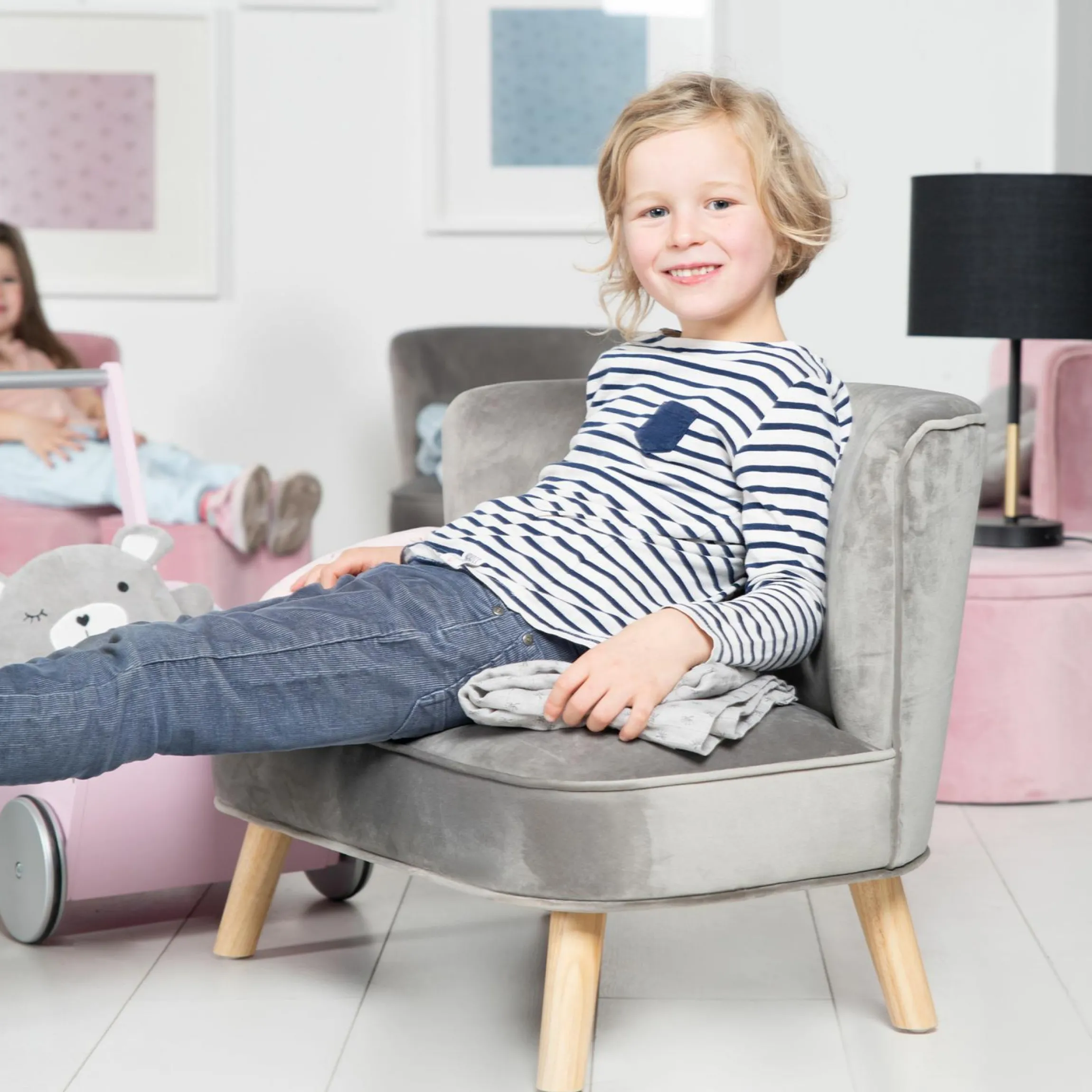 Kindersofa gepolster, mit Samtstoff bezogen - Lil Sofa - Silbergrau