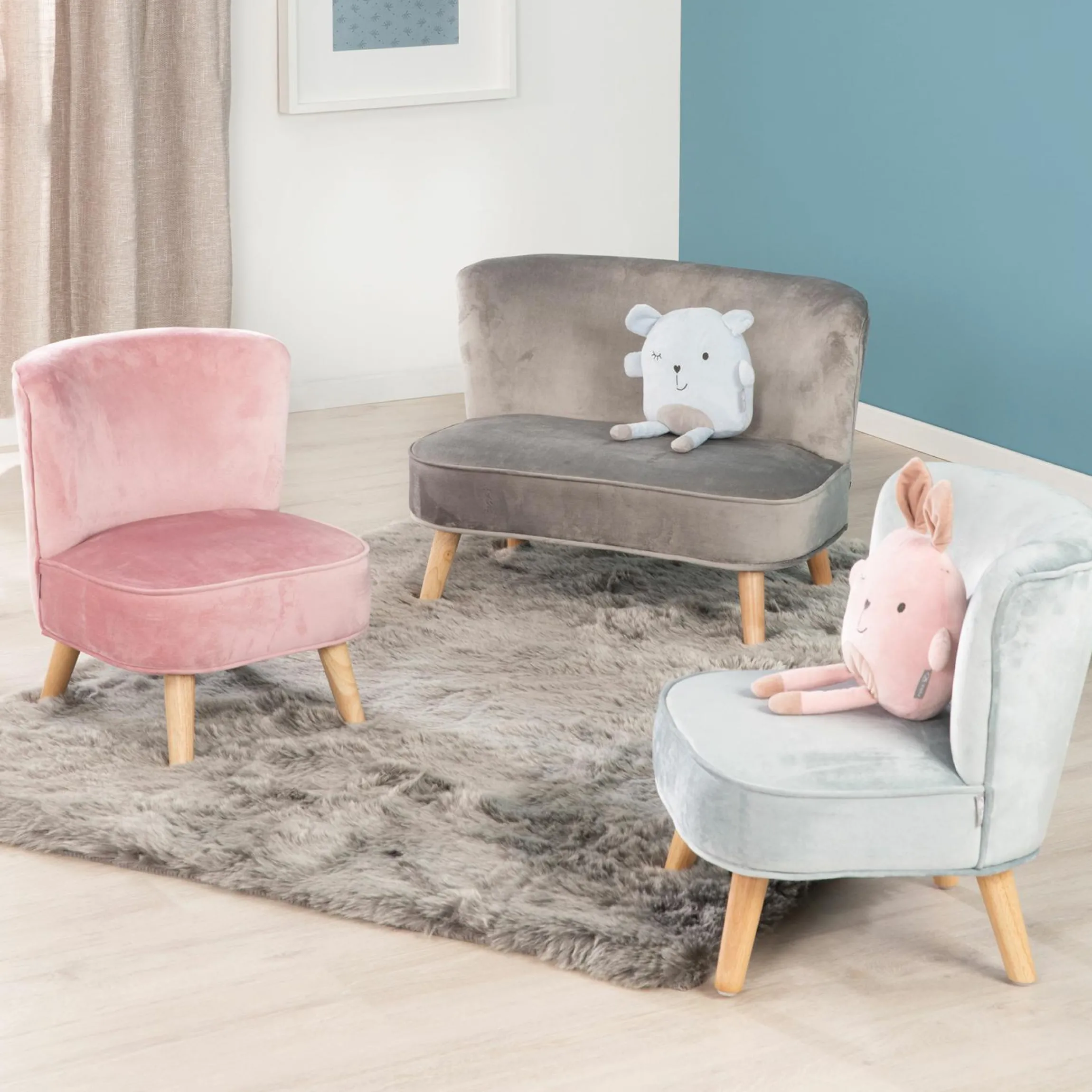 Kindersofa gepolster, mit Samtstoff bezogen - Lil Sofa - Silbergrau
