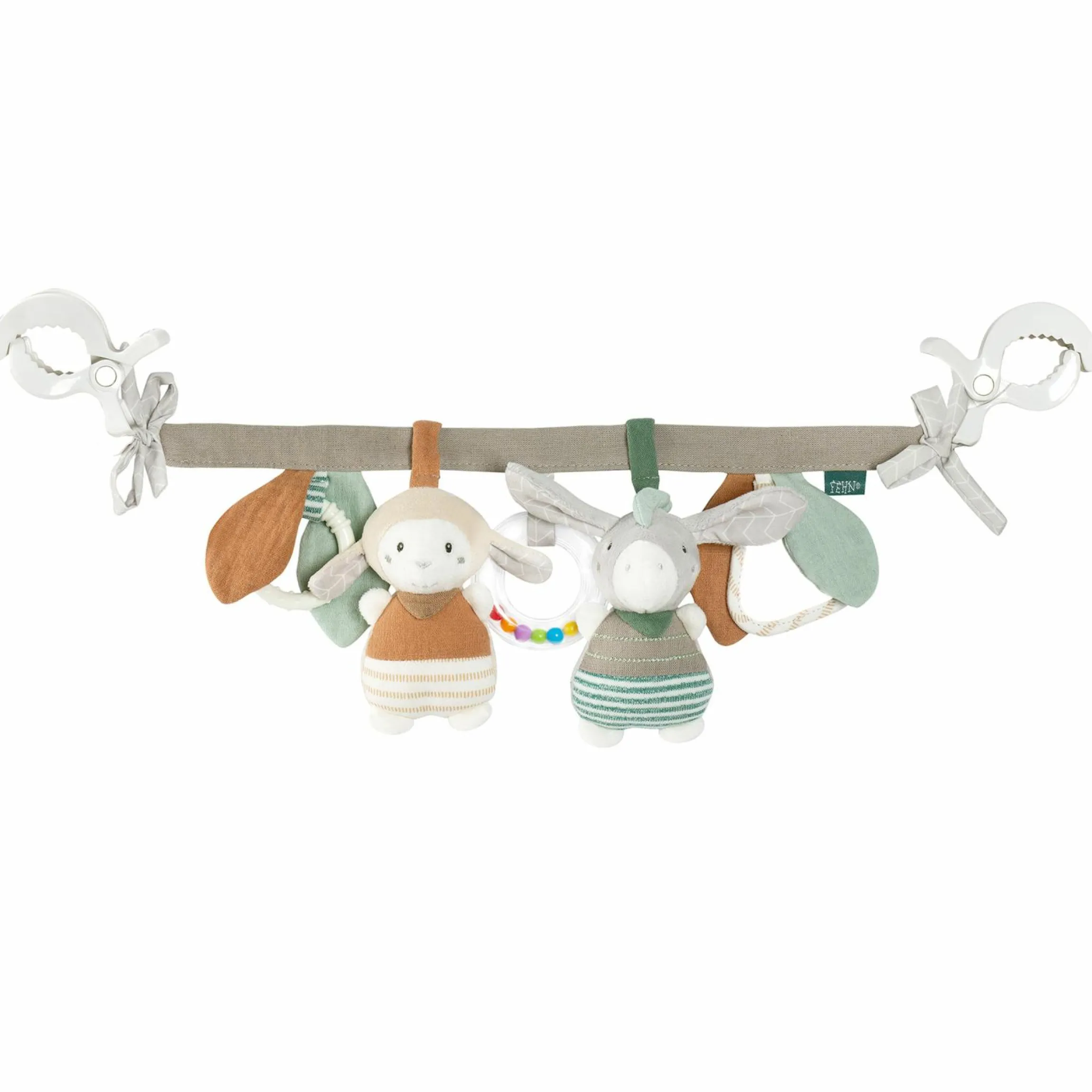 Kinderwagenkette mit Rassel & Quietsche - Esel & Schaf