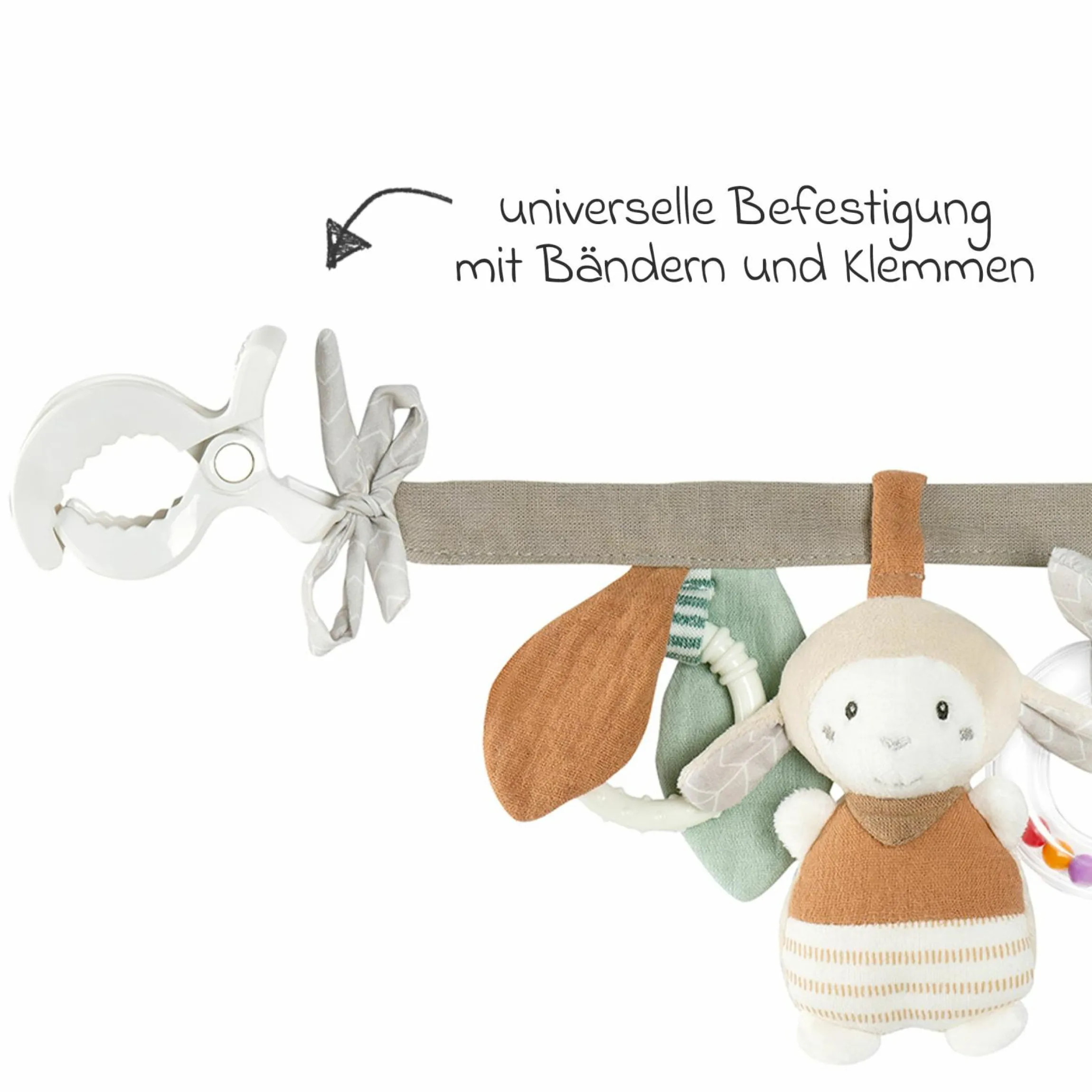 Kinderwagenkette mit Rassel & Quietsche - Esel & Schaf