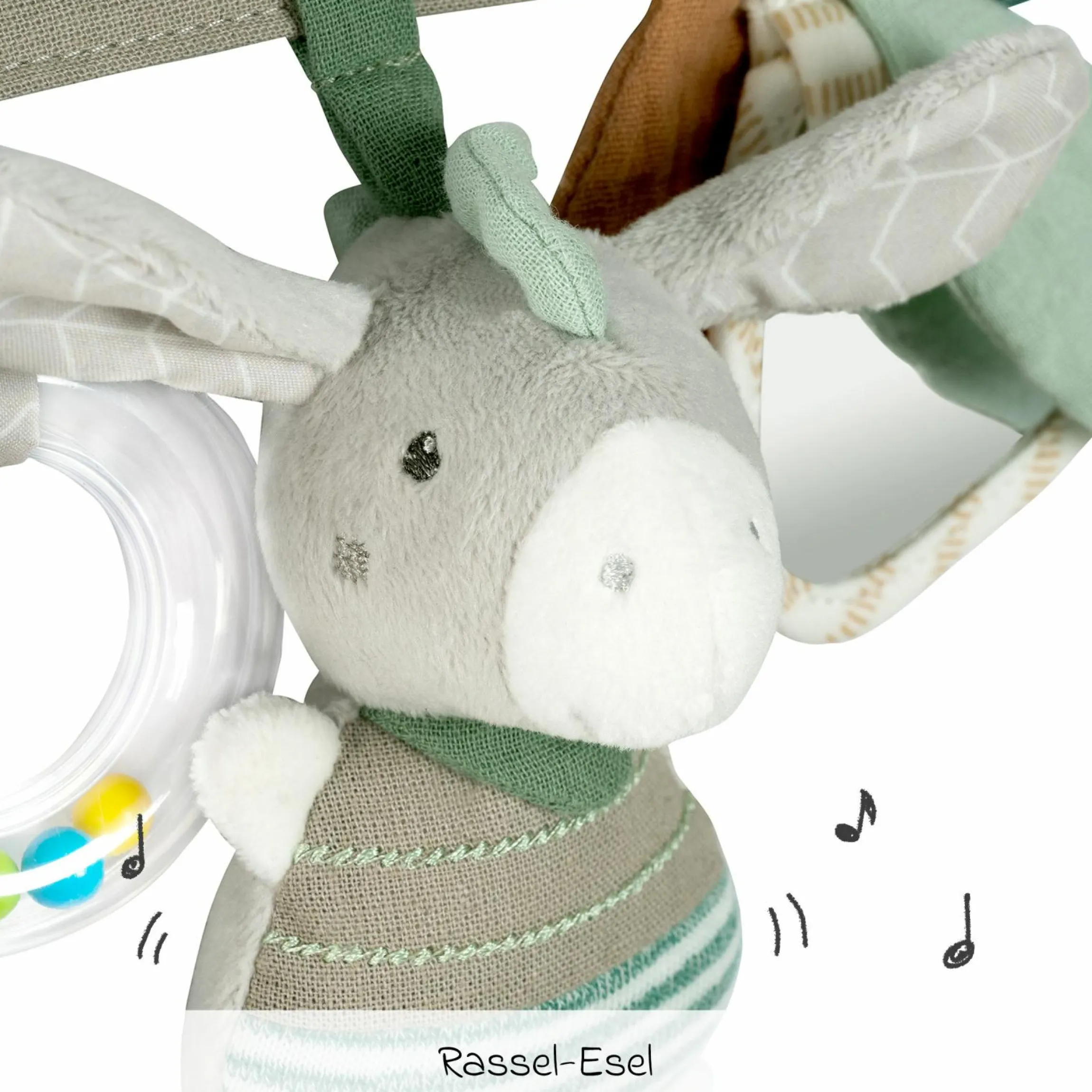 Kinderwagenkette mit Rassel & Quietsche - Esel & Schaf