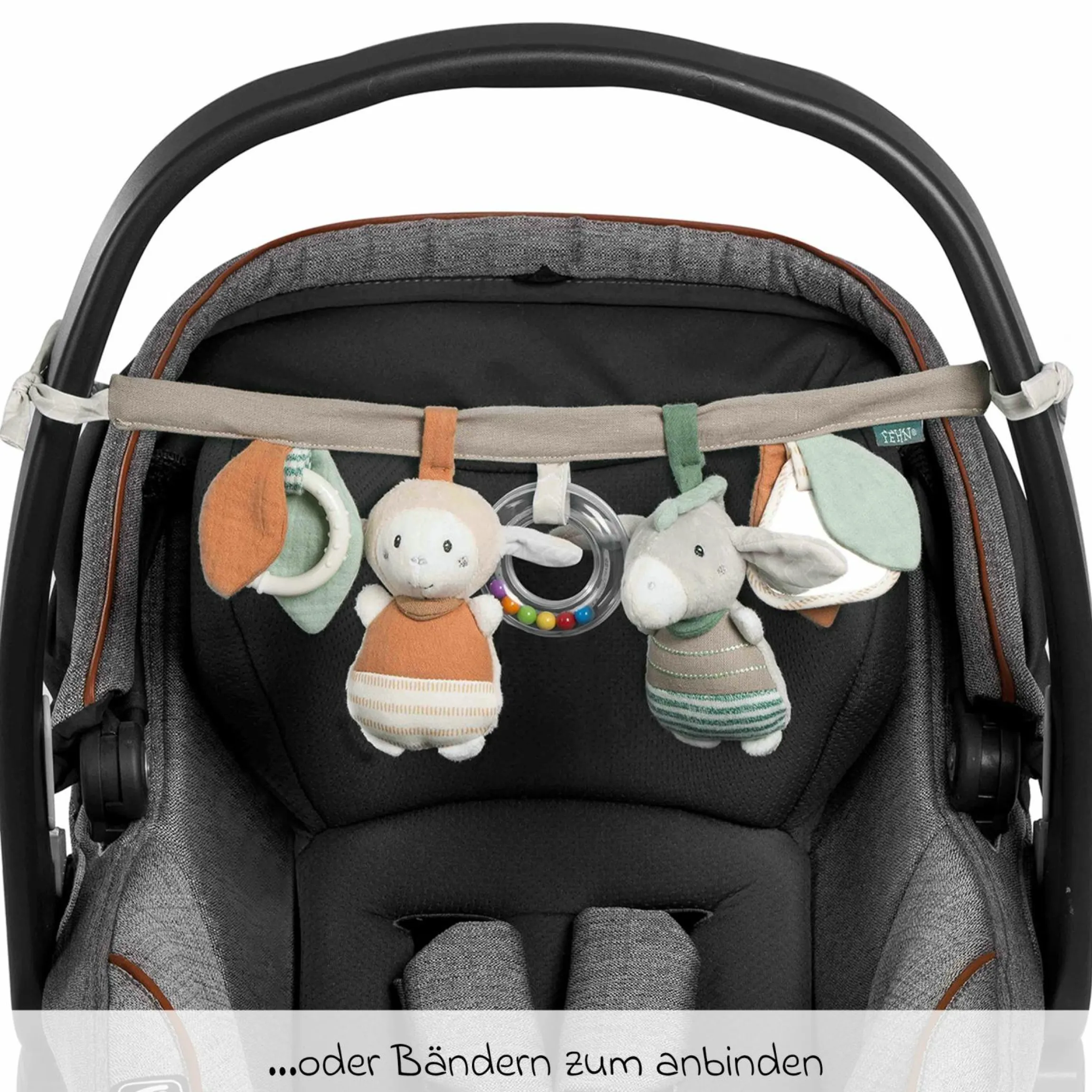 Kinderwagenkette mit Rassel & Quietsche - Esel & Schaf