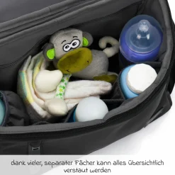 Kinderwagen-Organizer Larvik mit viel Stauraum inkl. Wickelauflage, Flaschenhalter, Umhängegurt & Befestigungshaken - Black