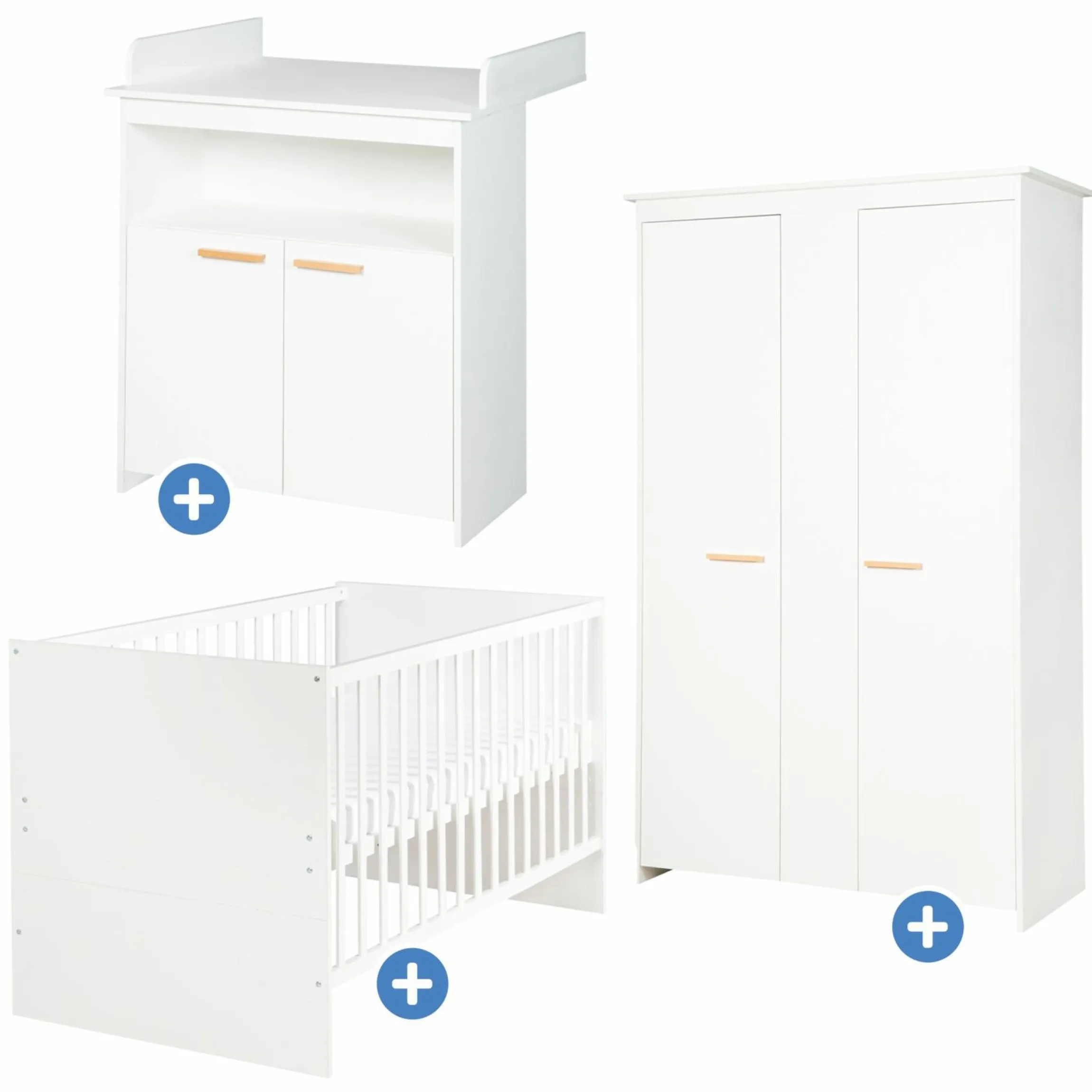Kinderzimmer Anton mit 2-türigem Kleiderschrank, Bett, Wickelkommode inkl. Wickelaufsatz - Weiß - Kollektion 2024