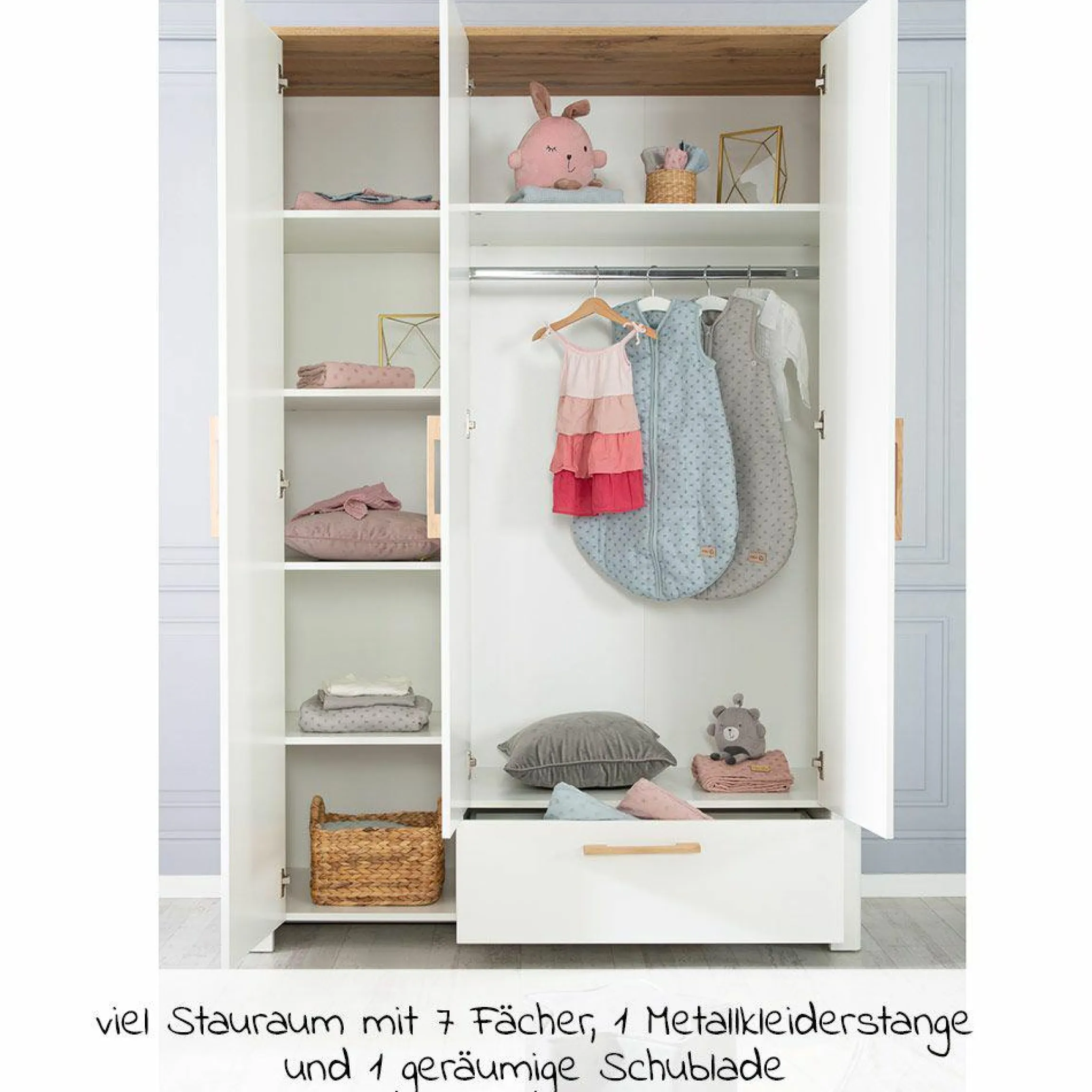 Kinderzimmer Ava mit 3-türigem Schrank, Bett, breiter Wickelkommode - Weiß