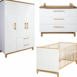 Kinderzimmer Carina mit 3-türigem Schrank, Bett, breiter Wickelkommode - Weiß