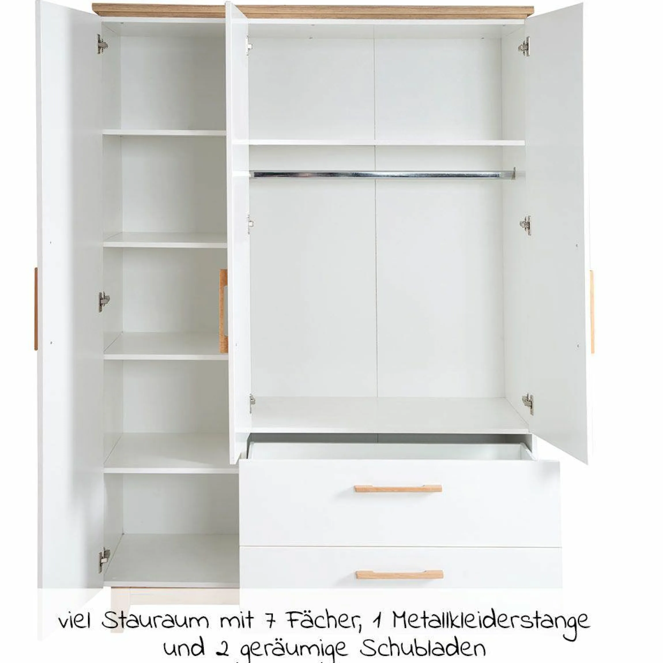 Kinderzimmer Carina mit 3-türigem Schrank, Bett, breiter Wickelkommode - Weiß