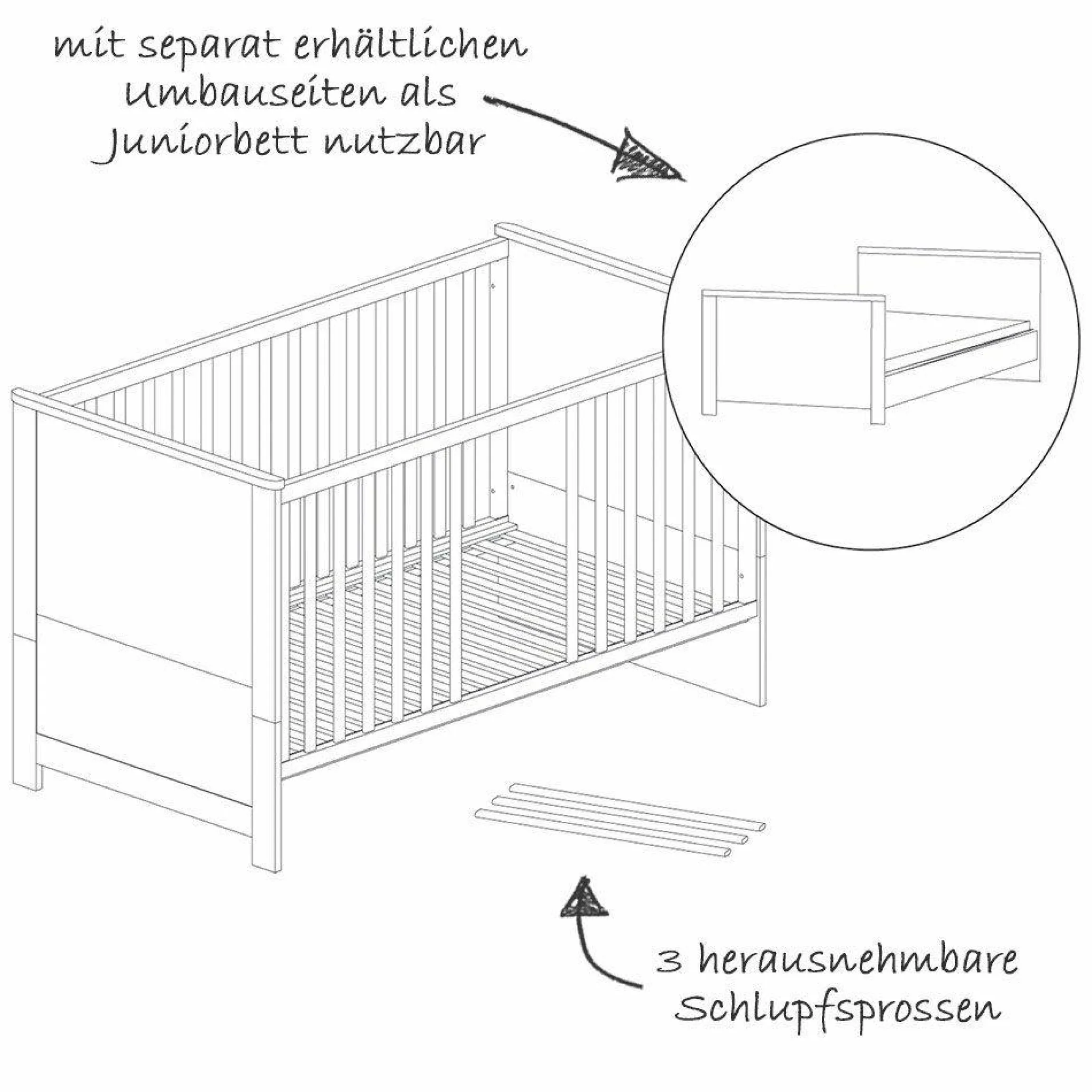 Kinderzimmer Felicia mit 3-türigem Schrank, Bett, Wickelkommode