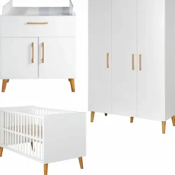 Kinderzimmer Mick mit 3-türigem Schrank, Bett, breiter Wickelkommode - Weiß