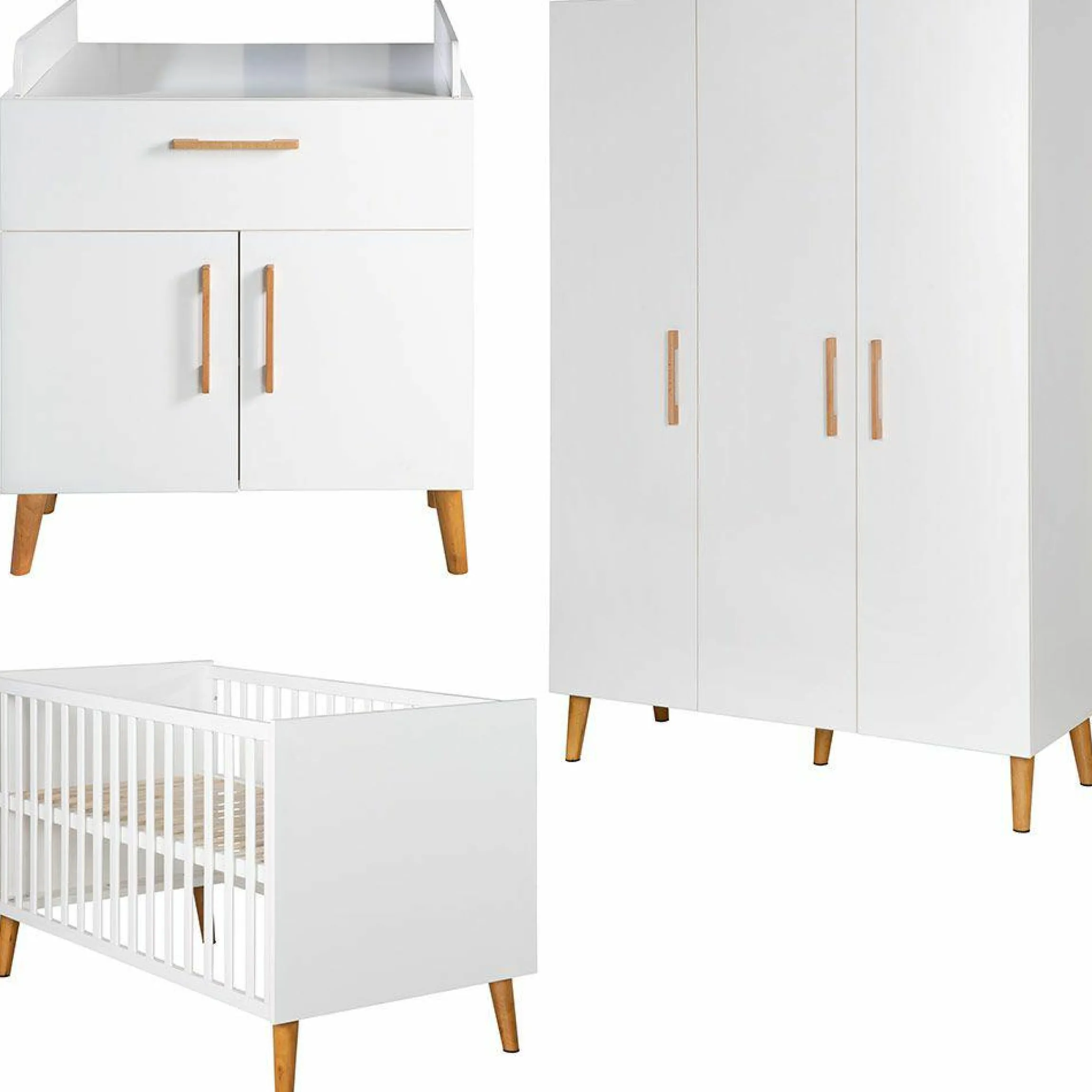 Kinderzimmer Mick mit 3-türigem Schrank, Bett, breiter Wickelkommode - Weiß