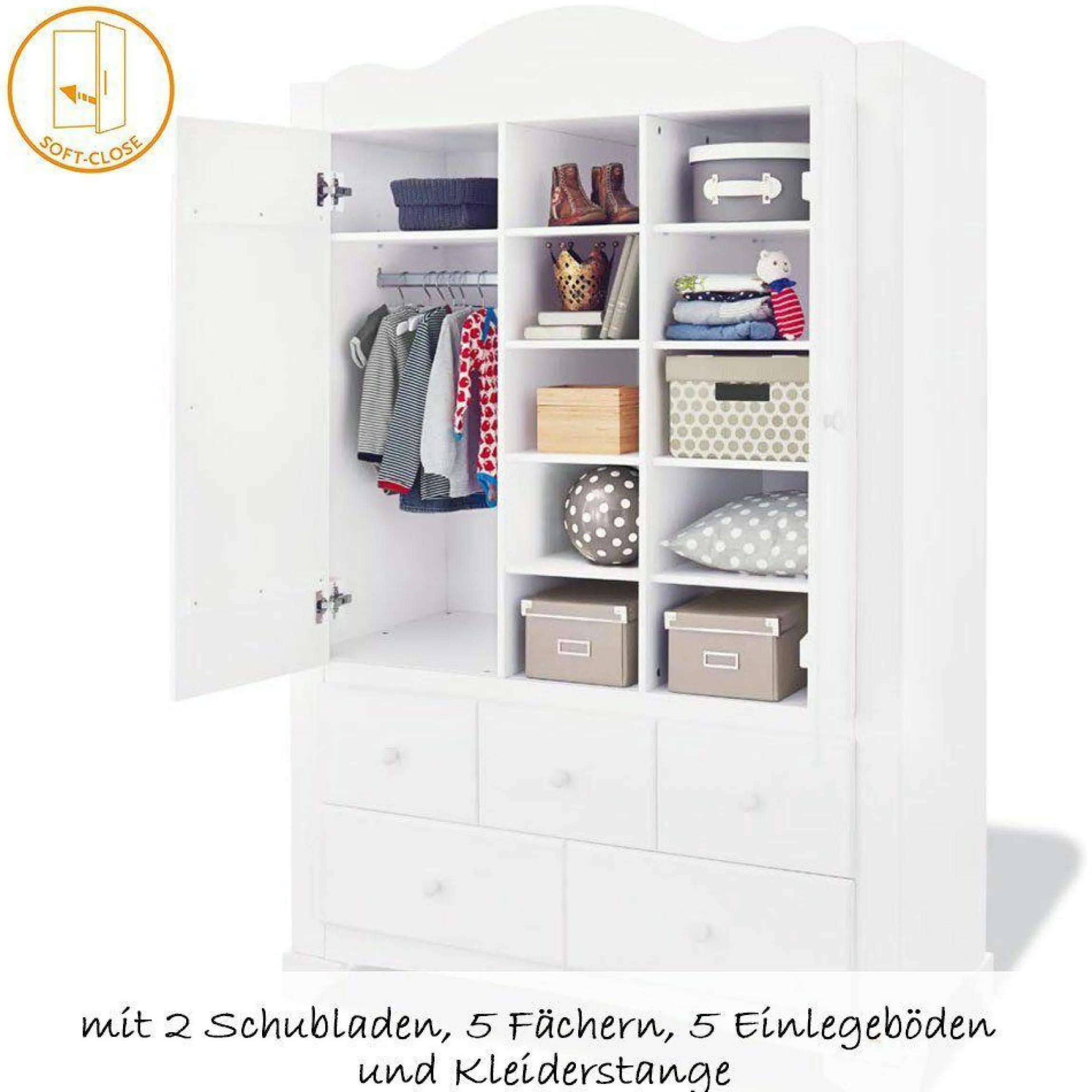 Kinderzimmer Pino mit 2-türigem Schrank, Bett, breiter Wickelkommode - Kiefer massiv