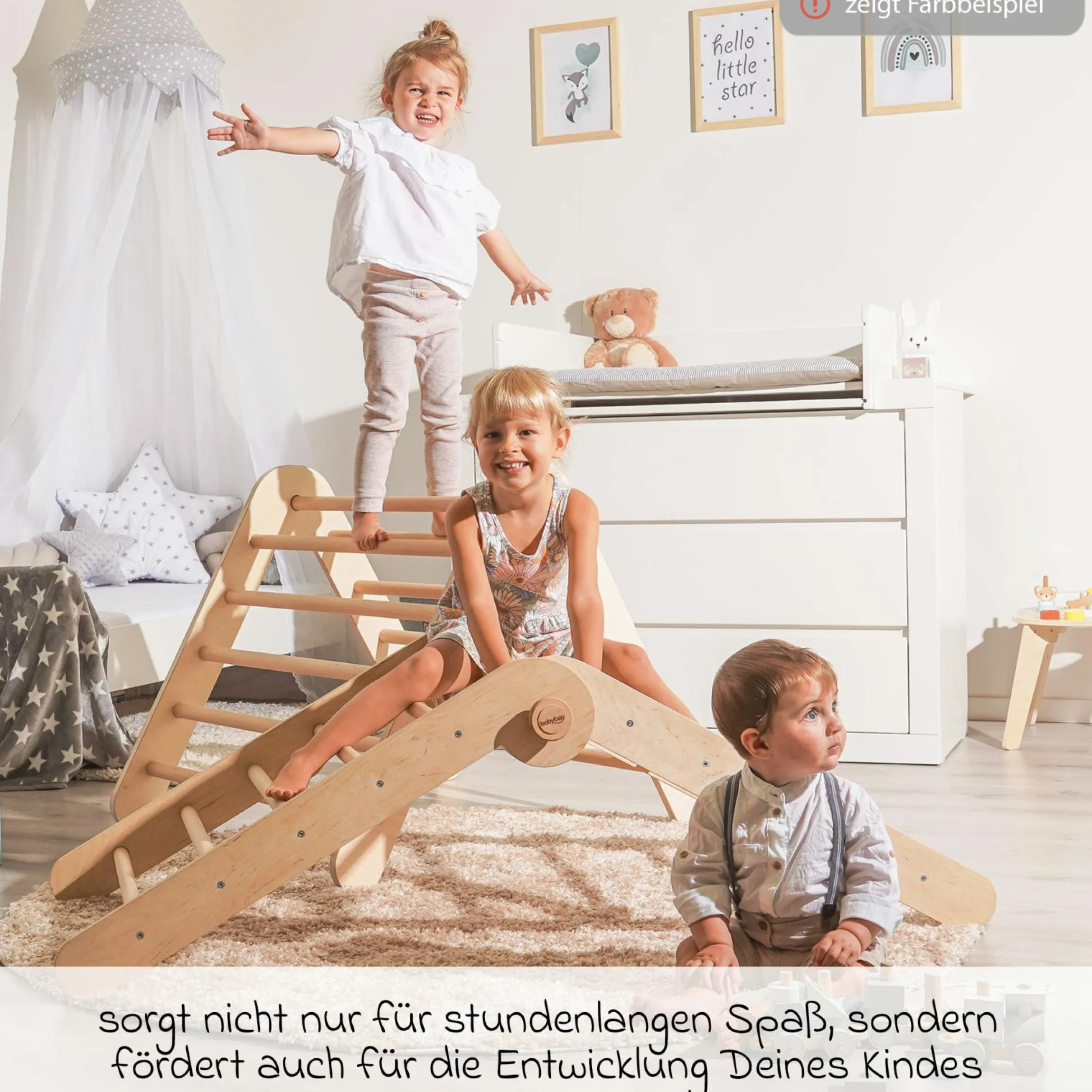 Kletterdreieck Littlefoot montiert, werkzeuglos verstellbar, klappbar aus Buchenholz - Beige lackiert