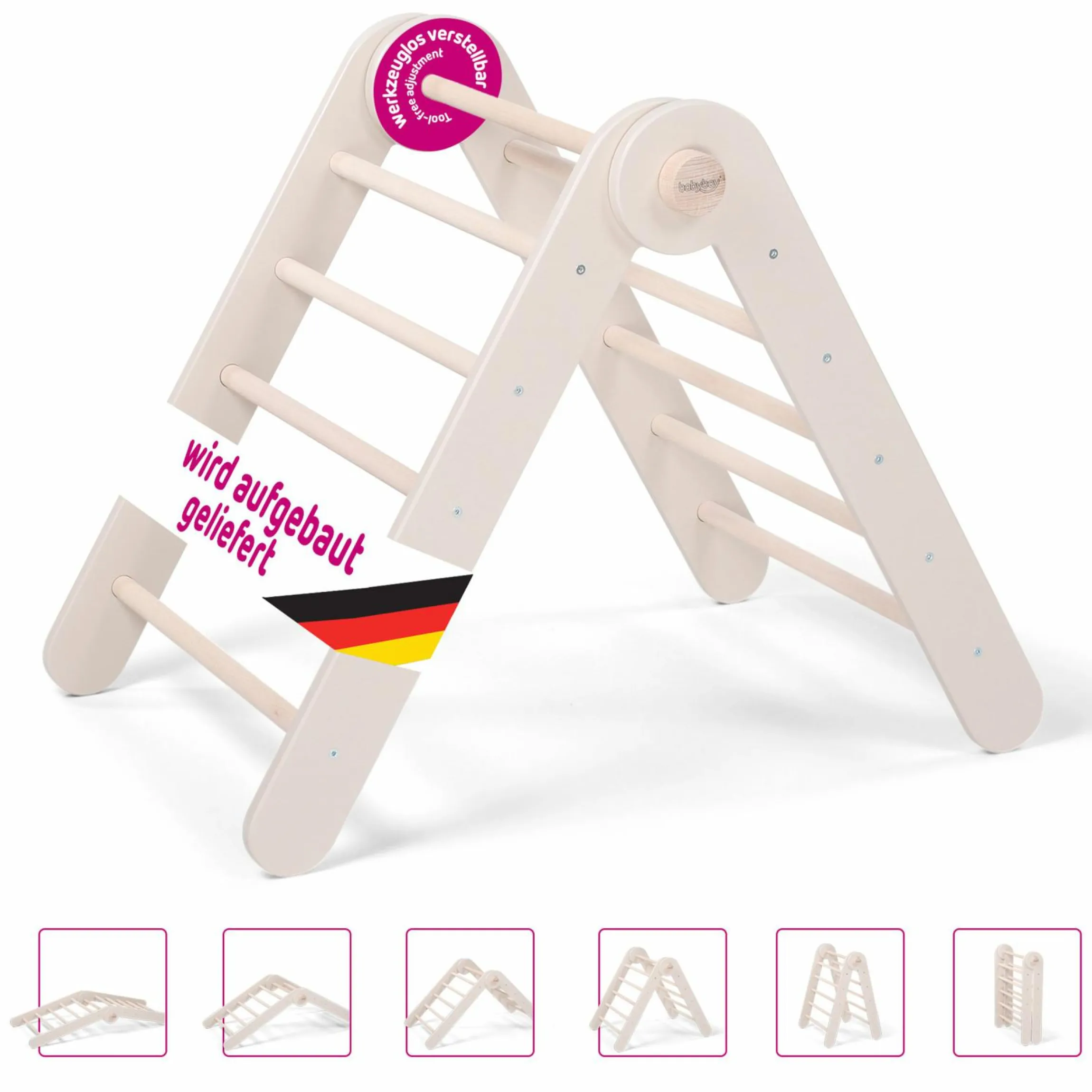 Kletterdreieck Littlefoot montiert, werkzeuglos verstellbar, klappbar aus Buchenholz - Beige lackiert