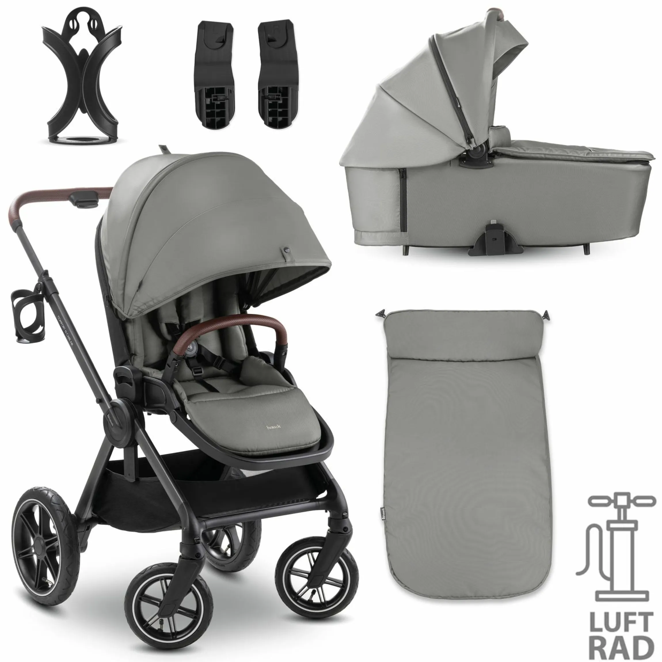 Kombi-Kinderwagen Comfort N Care Air Set (mit Luftreifen) - inkl. Babywanne, Sportsitz, Beindecke und Getränkehalter - Dark Grey