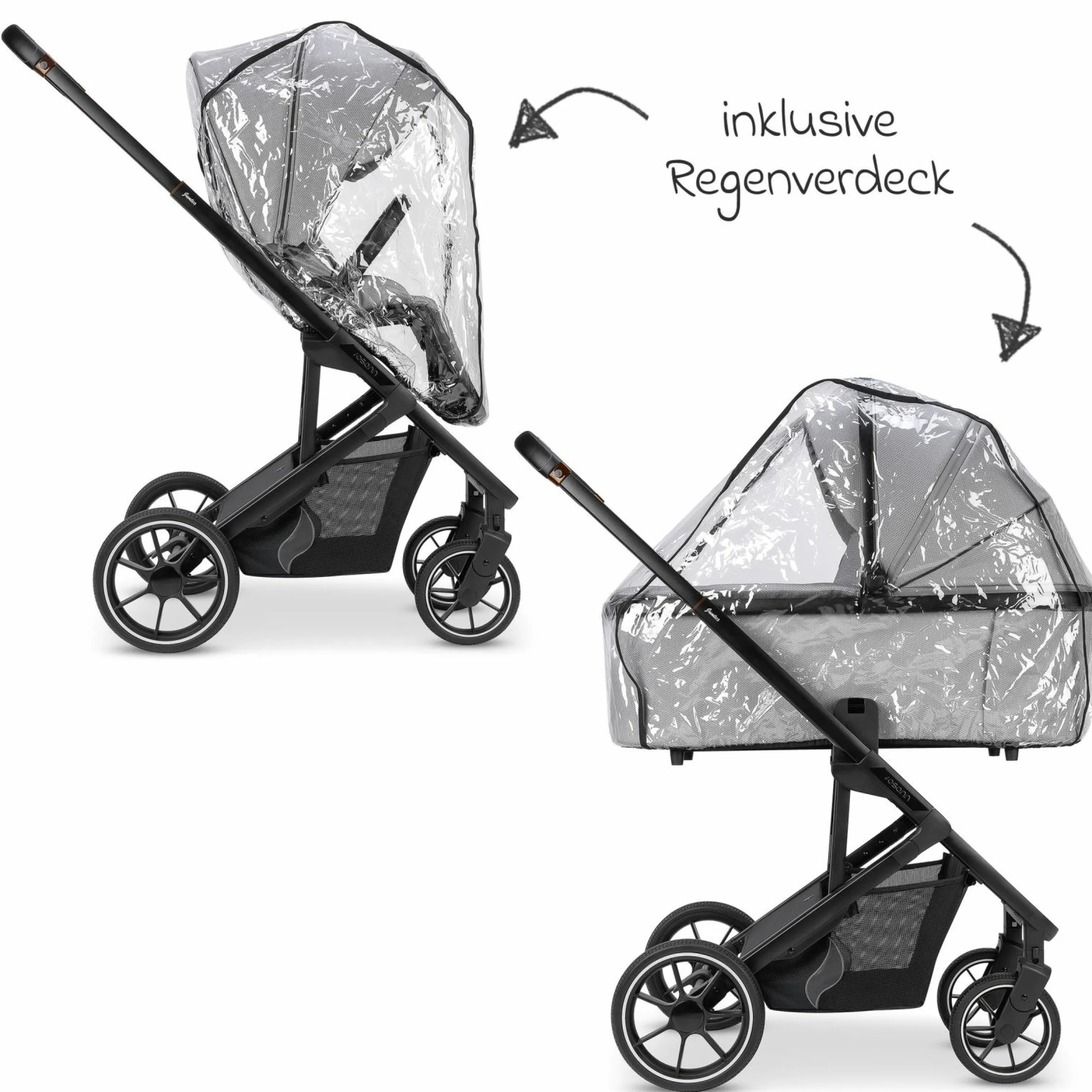 Kombi-Kinderwagen Juntos bis 22 kg belastbar mit Teleskopschieber, umsetzbare Sitzeinheit, Babywanne mit Matratze & Regenschutz - Rock - Kollektion 2025