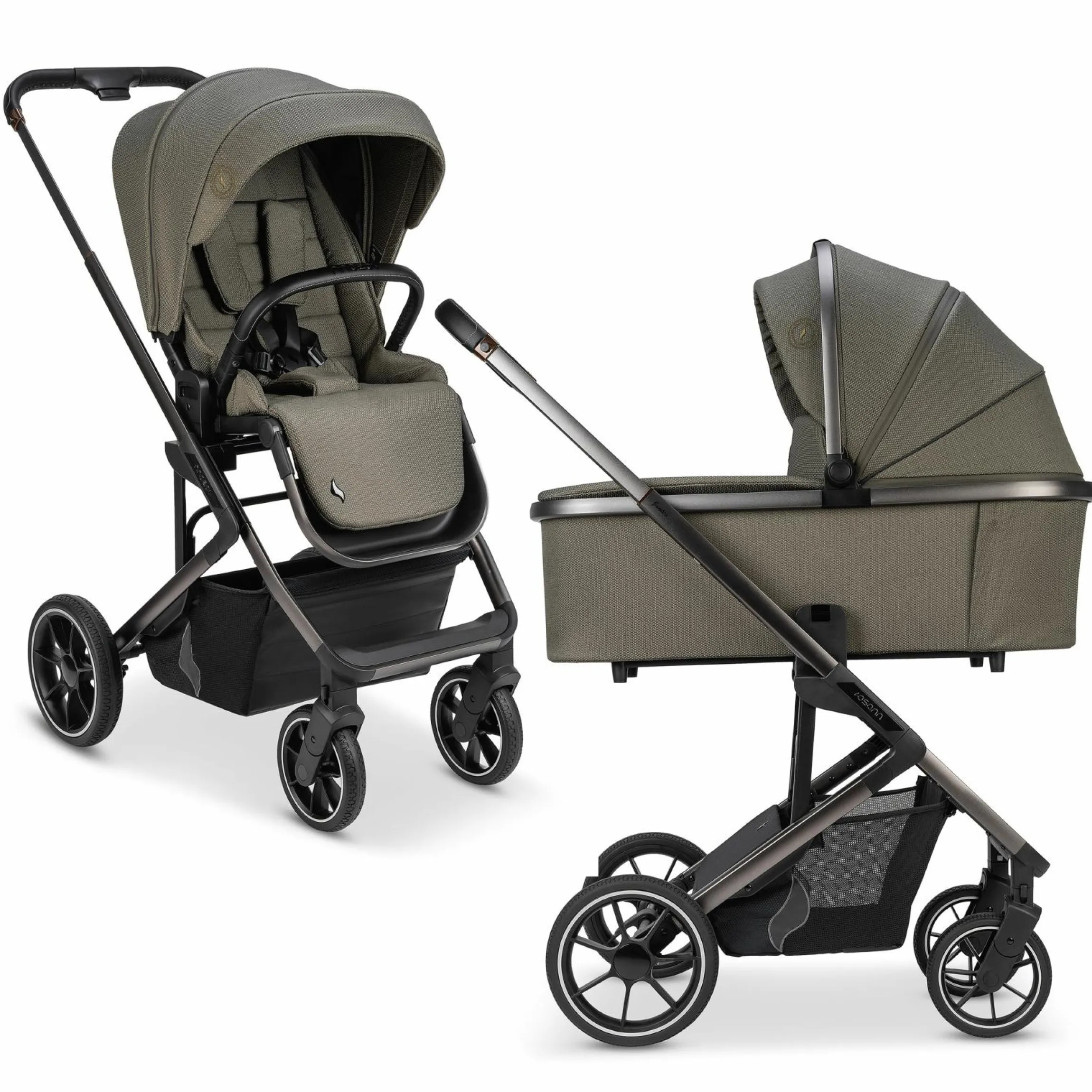 Kombi-Kinderwagen Juntos bis 22 kg belastbar mit Teleskopschieber, umsetzbare Sitzeinheit, Babywanne mit Matratze & Regenschutz - Teak - Kollektion 2025