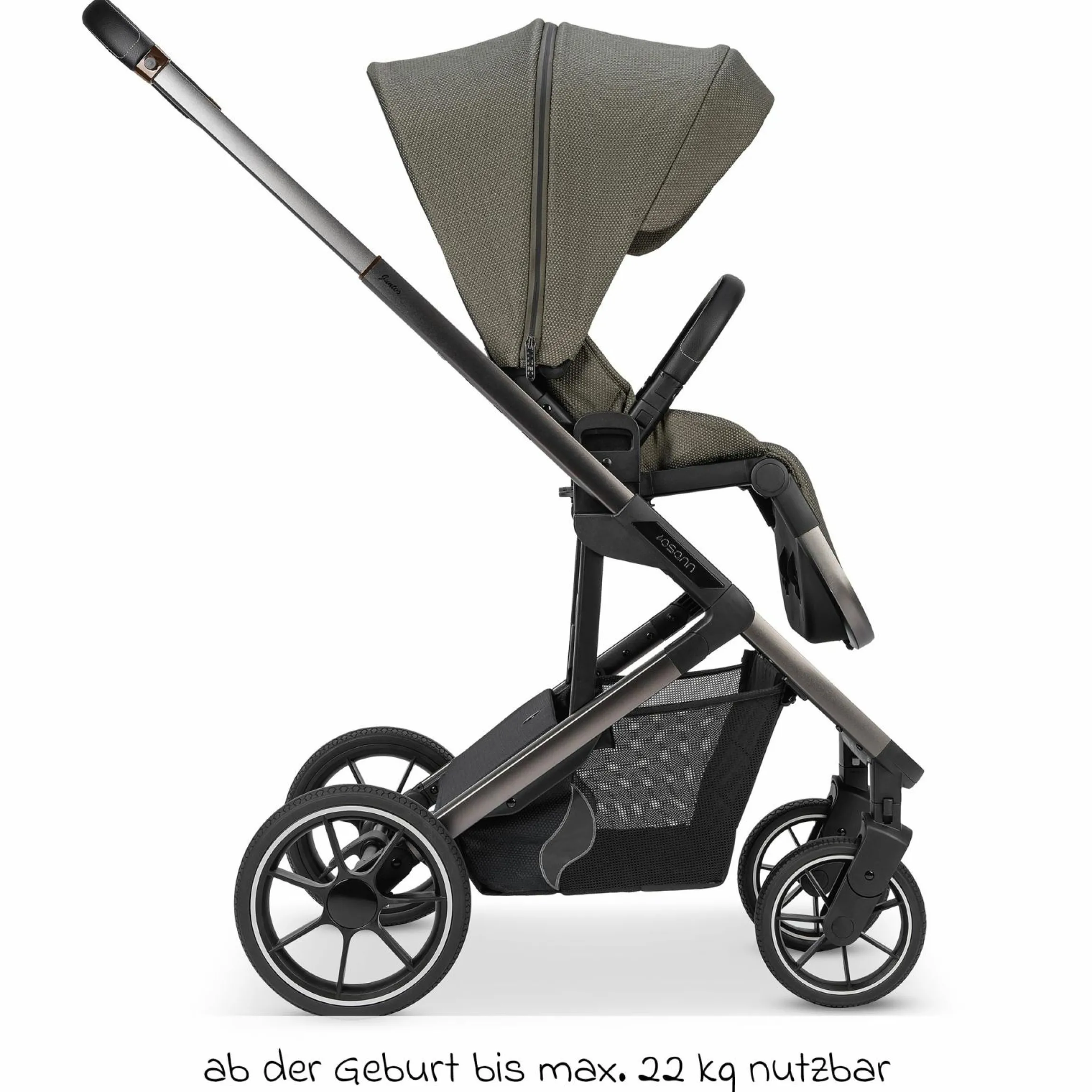 Kombi-Kinderwagen Juntos bis 22 kg belastbar mit Teleskopschieber, umsetzbare Sitzeinheit, Babywanne mit Matratze & Regenschutz - Teak - Kollektion 2025