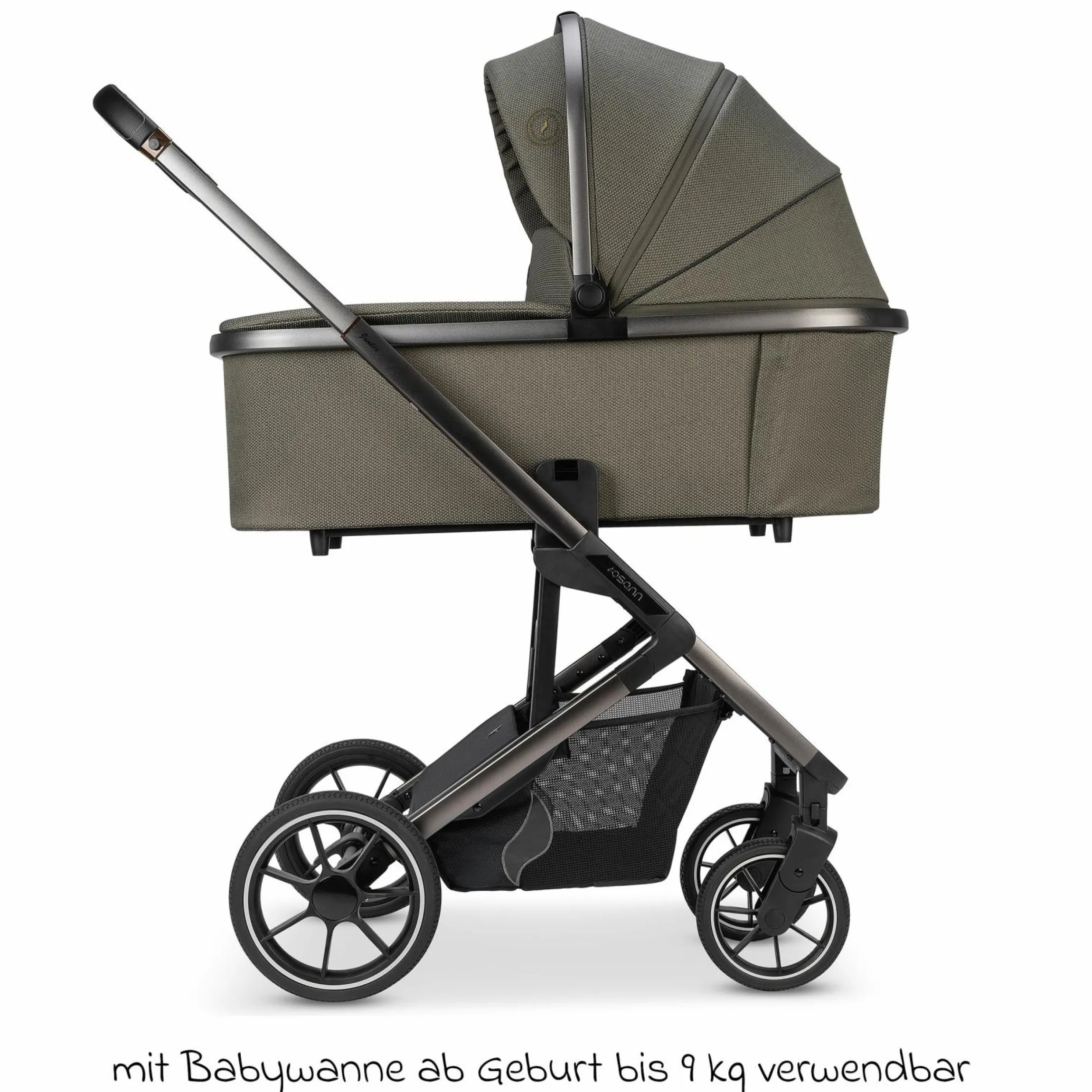 Kombi-Kinderwagen Juntos bis 22 kg belastbar mit Teleskopschieber, umsetzbare Sitzeinheit, Babywanne mit Matratze & Regenschutz - Teak - Kollektion 2025