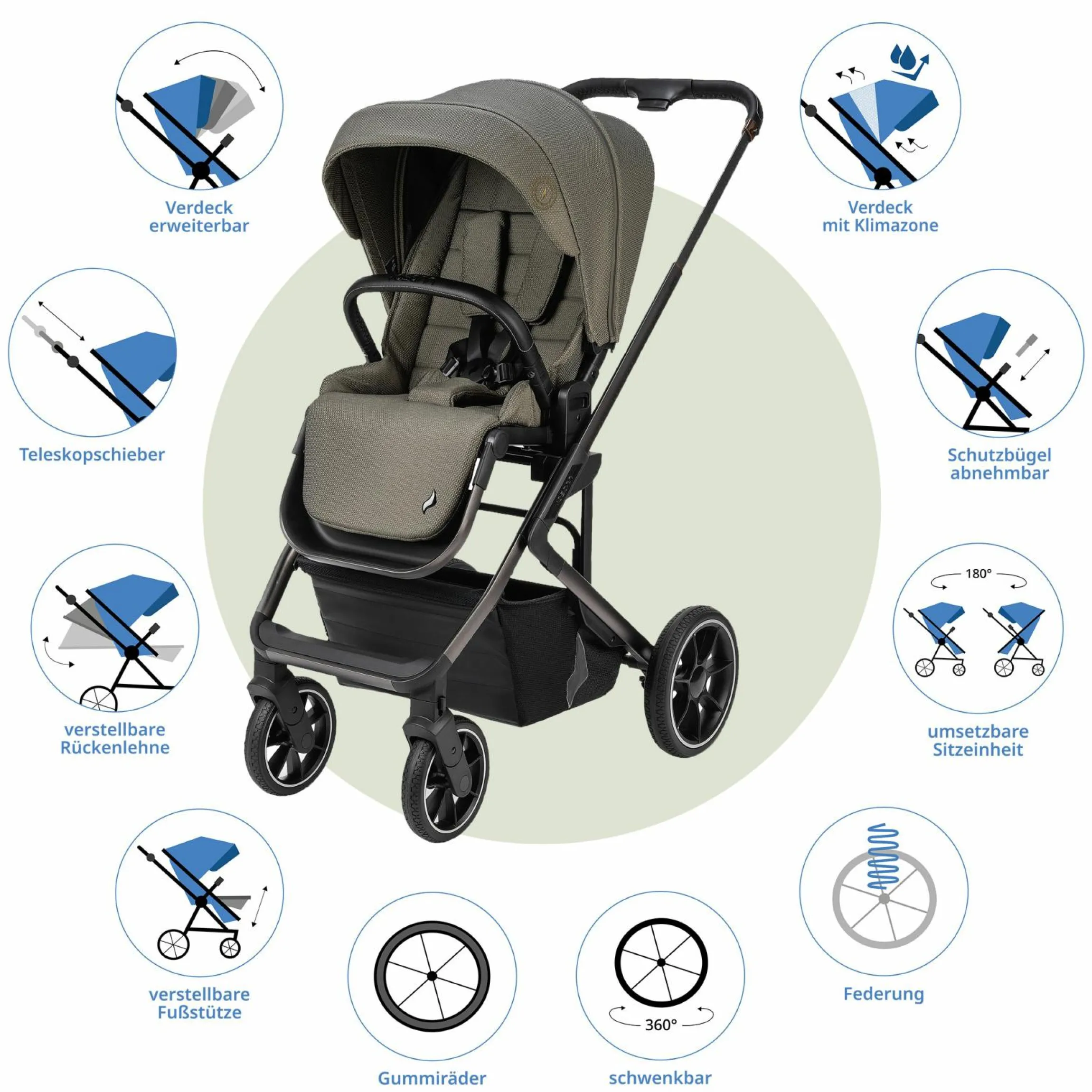 Kombi-Kinderwagen Juntos bis 22 kg belastbar mit Teleskopschieber, umsetzbare Sitzeinheit, Babywanne mit Matratze & Regenschutz - Teak - Kollektion 2025