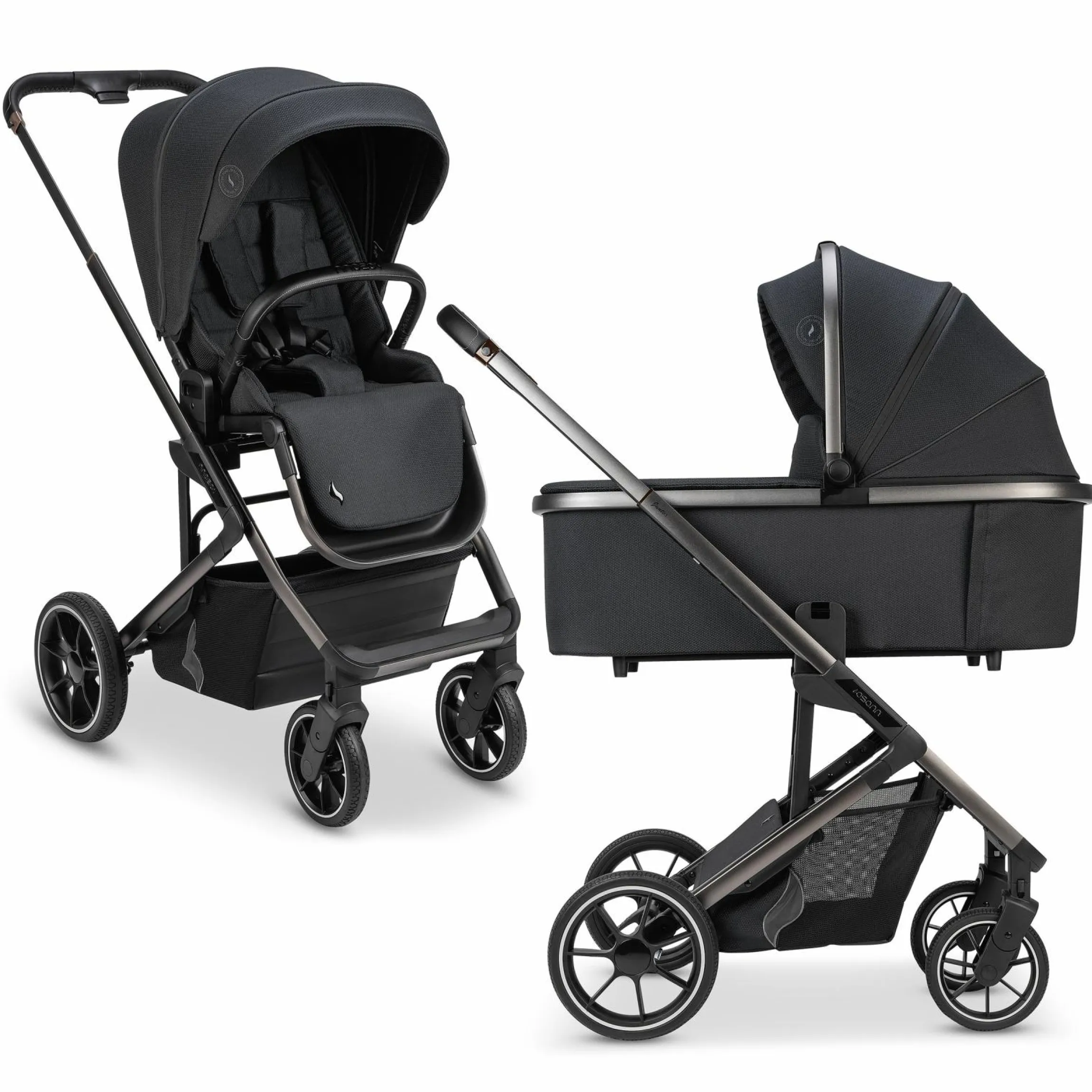 Kombi-Kinderwagen Juntos bis 22 kg belastbar mit Teleskopschieber, umsetzbare Sitzeinheit, Babywanne mit Matratze & Regenschutz - Coal - Kollektion 2025