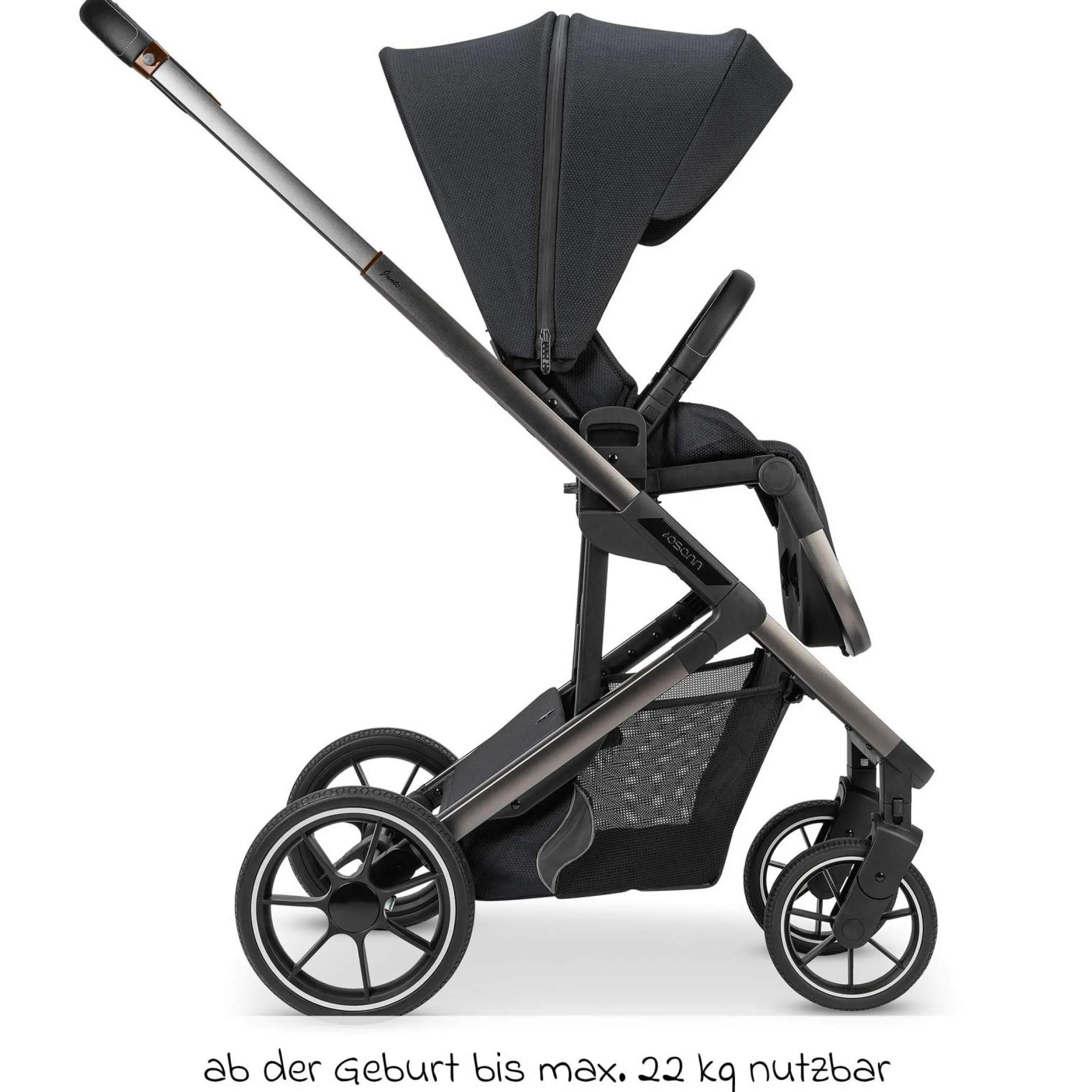 Kombi-Kinderwagen Juntos bis 22 kg belastbar mit Teleskopschieber, umsetzbare Sitzeinheit, Babywanne mit Matratze & Regenschutz - Coal - Kollektion 2025