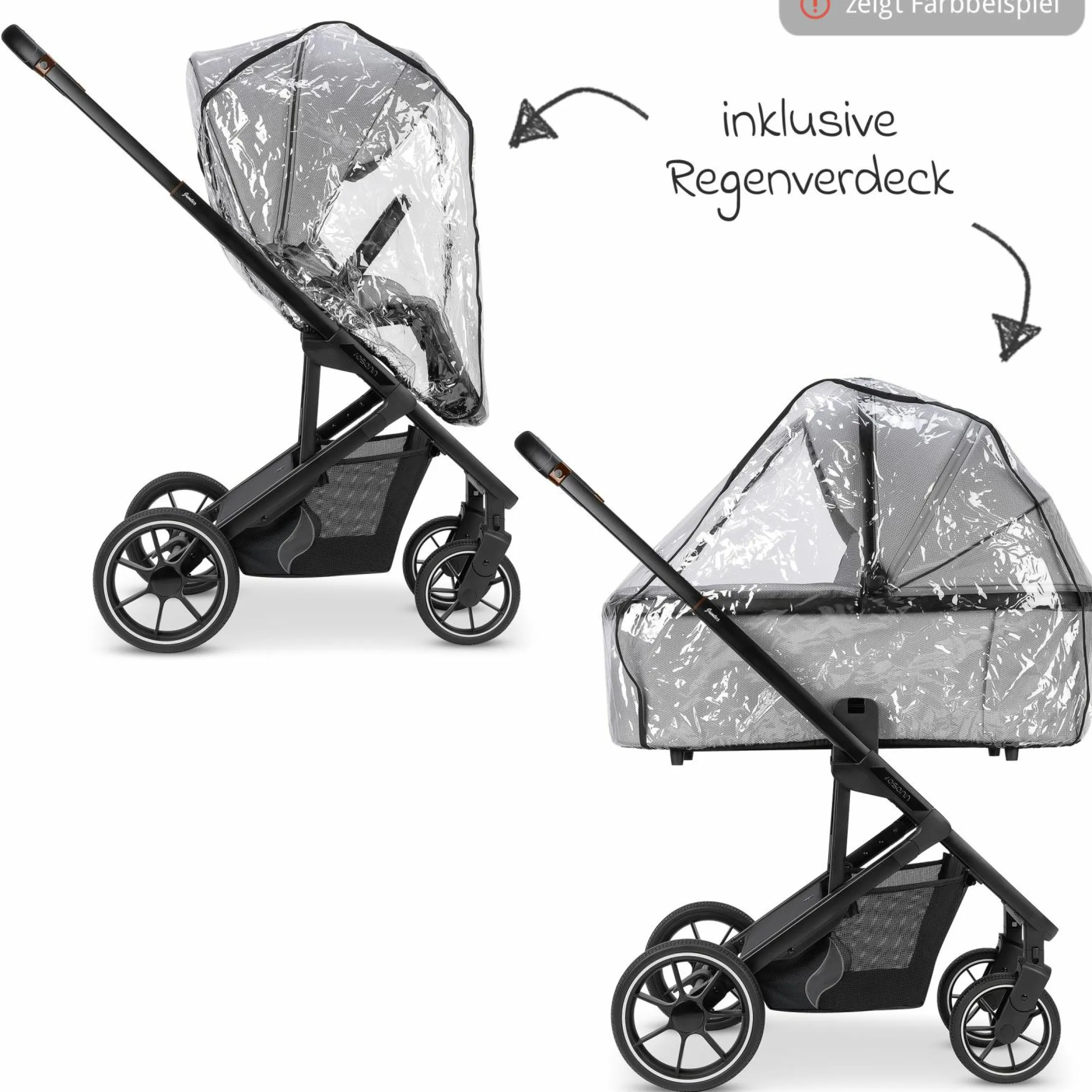 Kombi-Kinderwagen Juntos bis 22 kg belastbar mit Teleskopschieber, umsetzbare Sitzeinheit, Babywanne mit Matratze & Regenschutz - Coal - Kollektion 2025