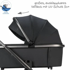 Kombi-Kinderwagen Juntos bis 22 kg belastbar mit Teleskopschieber, umsetzbare Sitzeinheit, Babywanne mit Matratze & Regenschutz - Coal - Kollektion 2025