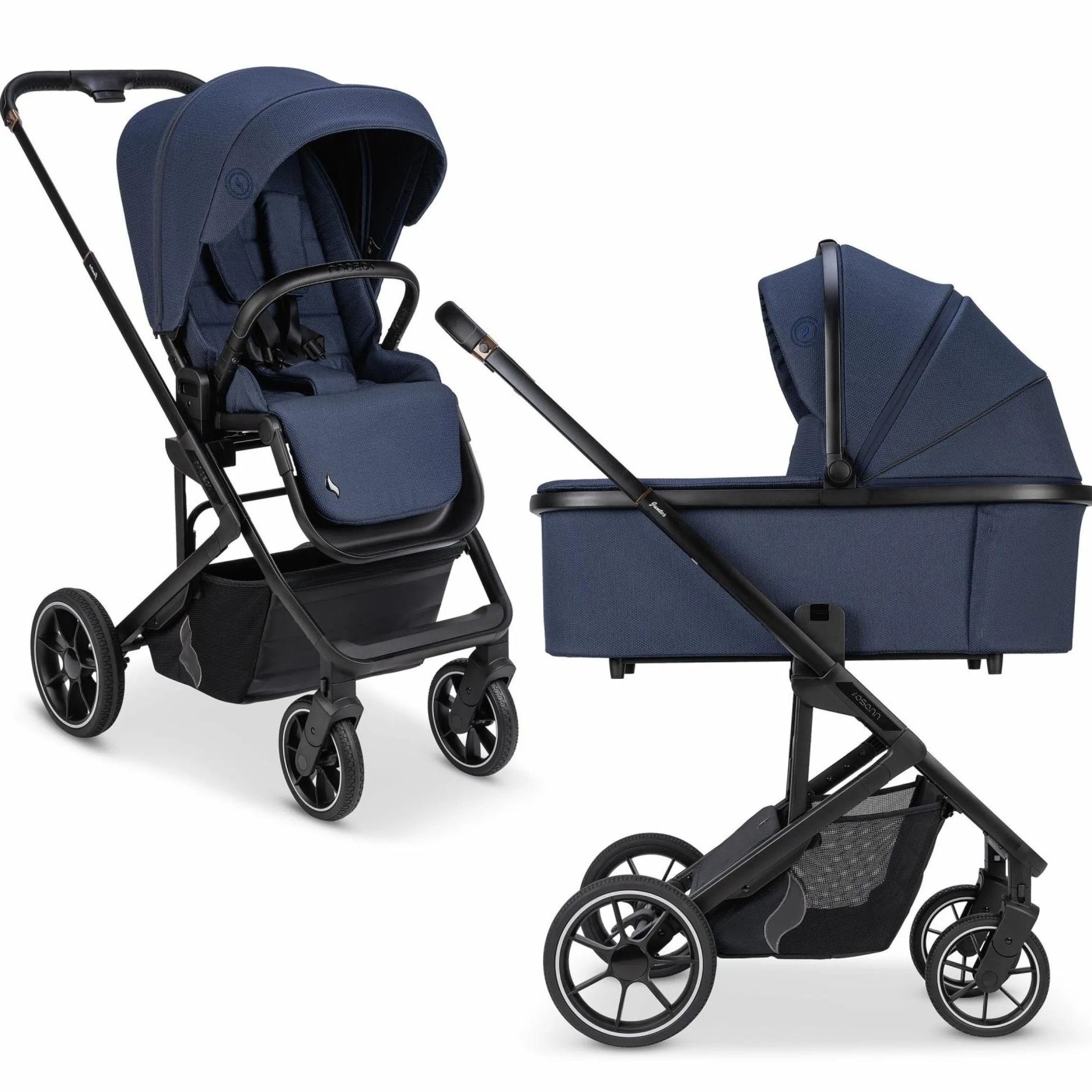 Kombi-Kinderwagen Juntos bis 22 kg belastbar mit Teleskopschieber, umsetzbare Sitzeinheit, Babywanne mit Matratze & Regenschutz - Cobalt - Kollektion 2025