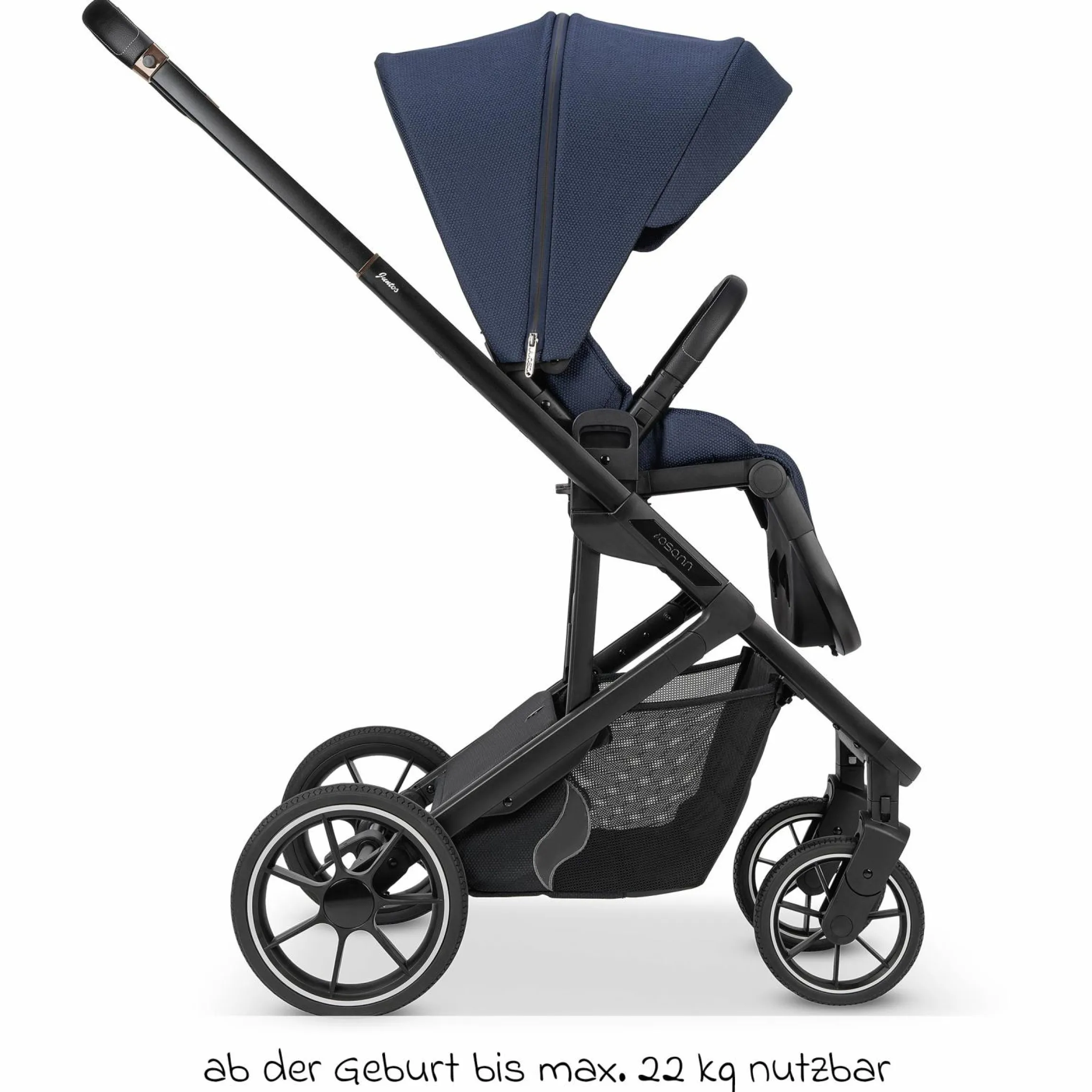 Kombi-Kinderwagen Juntos bis 22 kg belastbar mit Teleskopschieber, umsetzbare Sitzeinheit, Babywanne mit Matratze & Regenschutz - Cobalt - Kollektion 2025