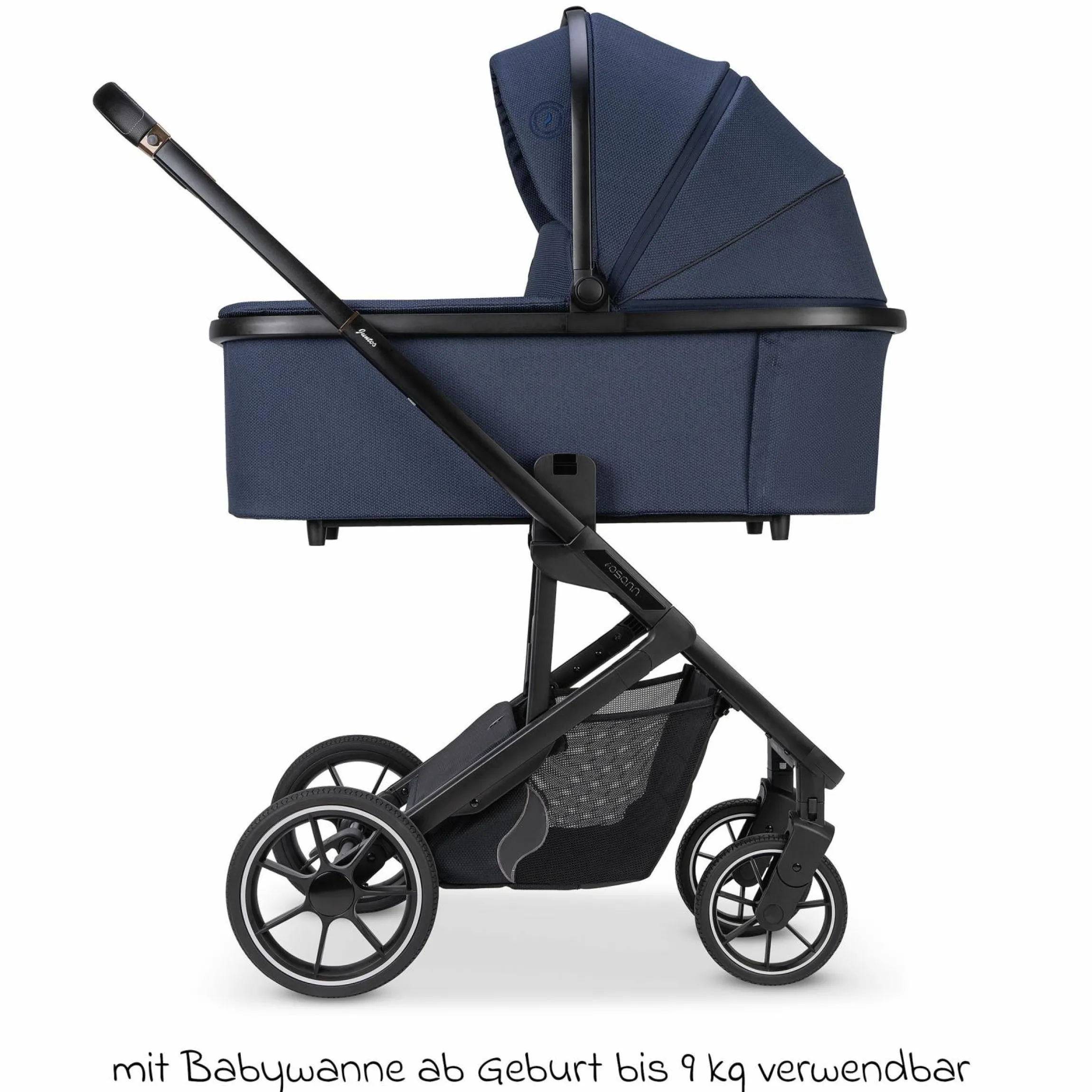 Kombi-Kinderwagen Juntos bis 22 kg belastbar mit Teleskopschieber, umsetzbare Sitzeinheit, Babywanne mit Matratze & Regenschutz - Cobalt - Kollektion 2025