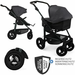 Kombi-Kinderwagen Mono 4 Luftreifen inkl. Kombi-Einheit (Babywanne+Sitz) mit Liegeposition & XXL Zubehörpaket - Premium Schwarz